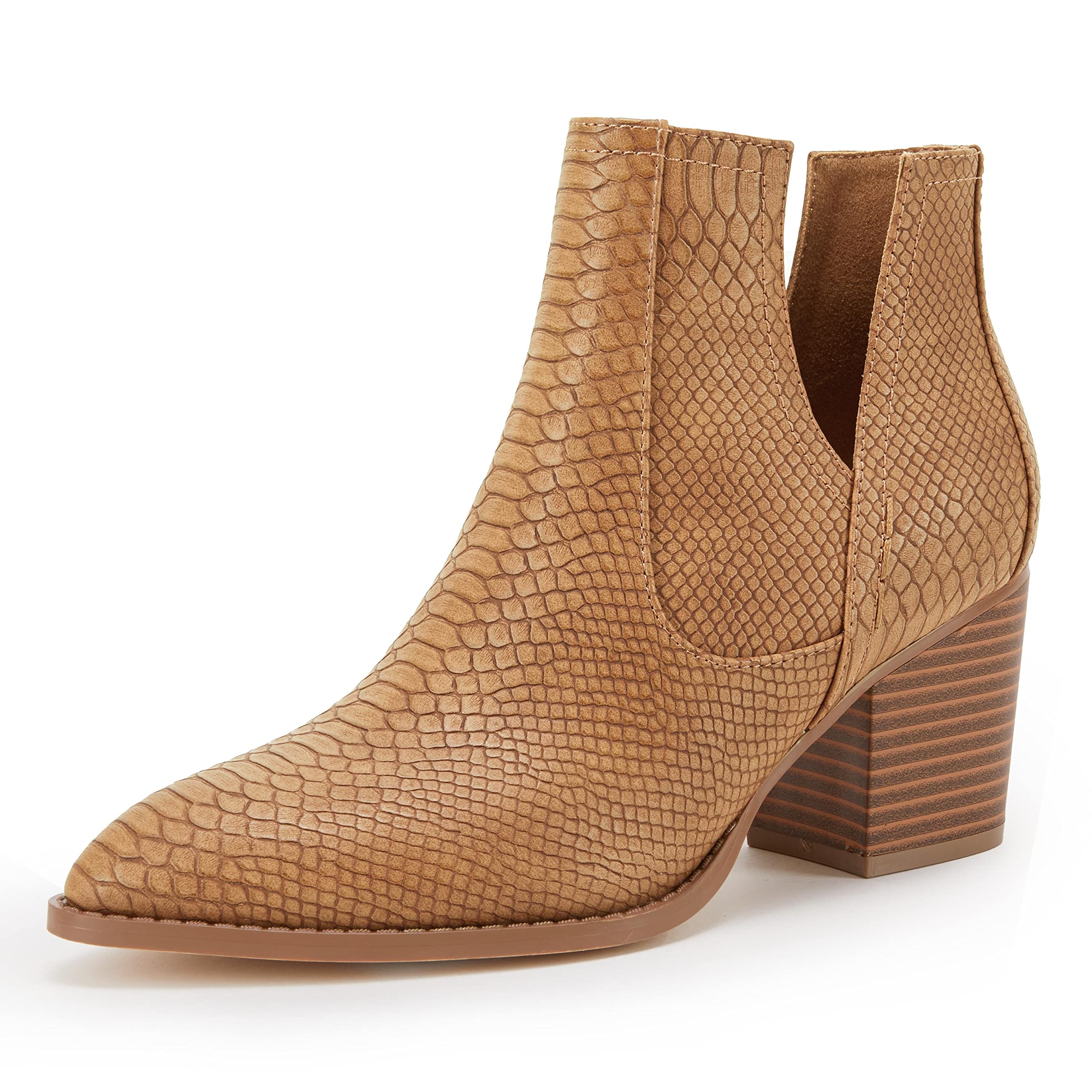 Women's Slip-On Ankle Boots with Cutout Design, Pointed Toe & Chunky Stacked Mid Heel - Snakeskin Print Fashion Booties for Casual Outfits, Office Wear & Night Out
