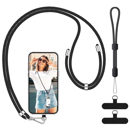 Adjustable SS Cell Phone Lanyard - Crossbody Neck Strap & Wrist Strap with 2 Phone Tether Patches for iPhone, Samsung & Most Smartphones (Black) - Perfect for Travel, Work, Concerts & Outdoor Activities