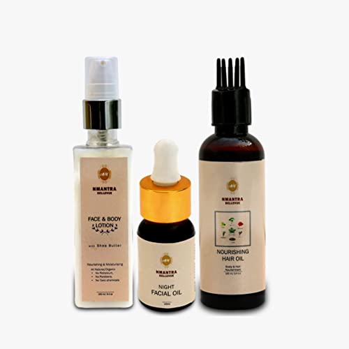 NMantra Bellevue 3-Piece Skincare Set - Face & Body Lotion, Night Facial Oil, Nourishing Hair Oil for Hydration & Glow | Perfect for Daily Beauty Routine & Self-Care Gifts