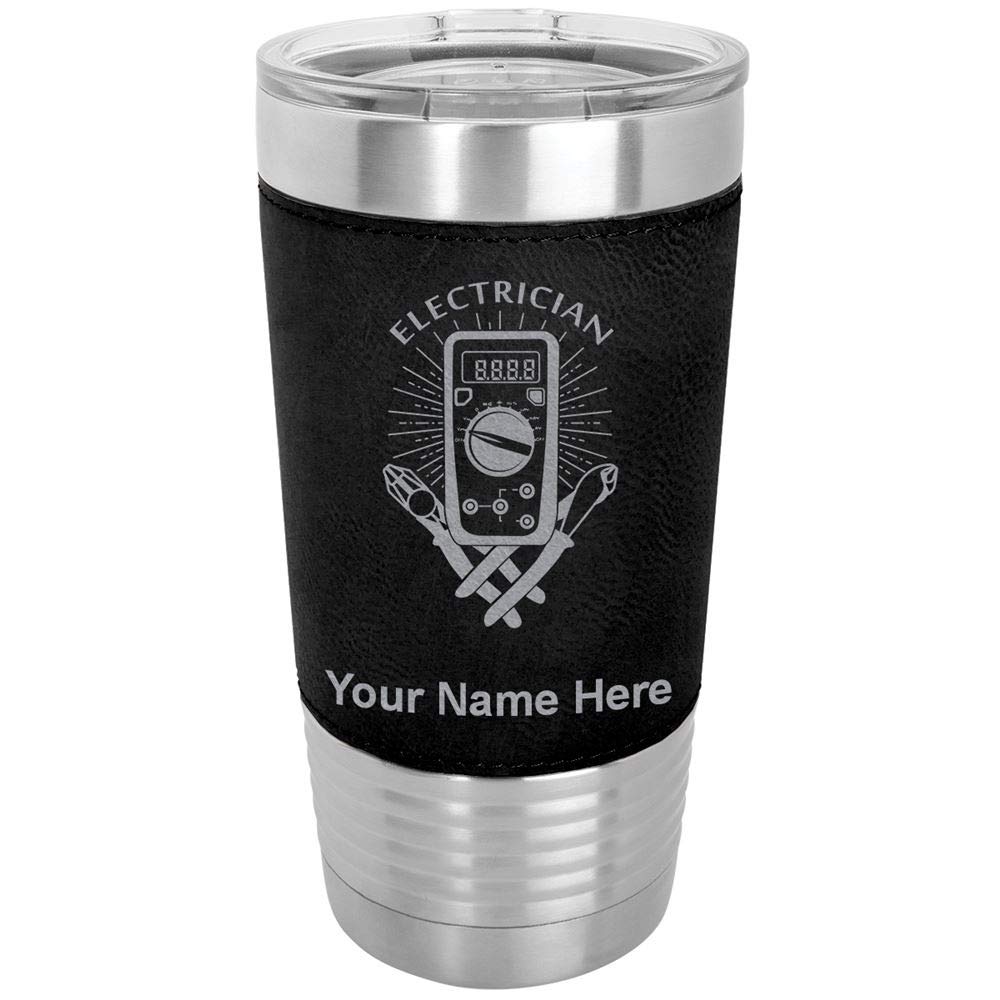 LaserGram 20oz Vacuum Insulated Stainless Steel Tumbler Mug with Personalized Engraving - Leakproof Travel Coffee Cup for Electricians & Professionals (Faux Leather, Black) - Perfect for Office, Commute & Outdoor Adventures