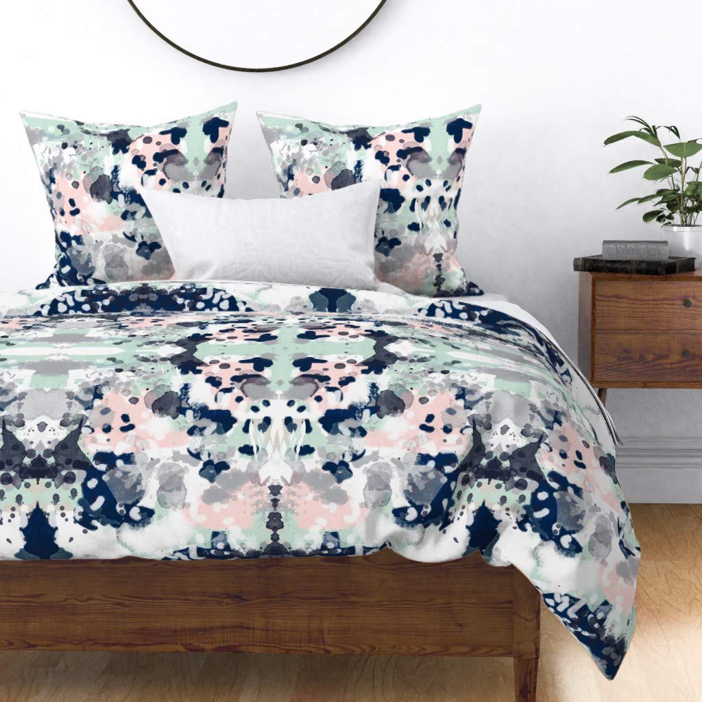 Custom Abstract Pink Navy Gray Mint Painted Painterly Print Cotton Sateen Duvet Cover for King/California King Size | Soft Girls Nursery & Baby Bedding | Perfect for Modern Kids' Rooms & Gender-Neutral Nursery Decor