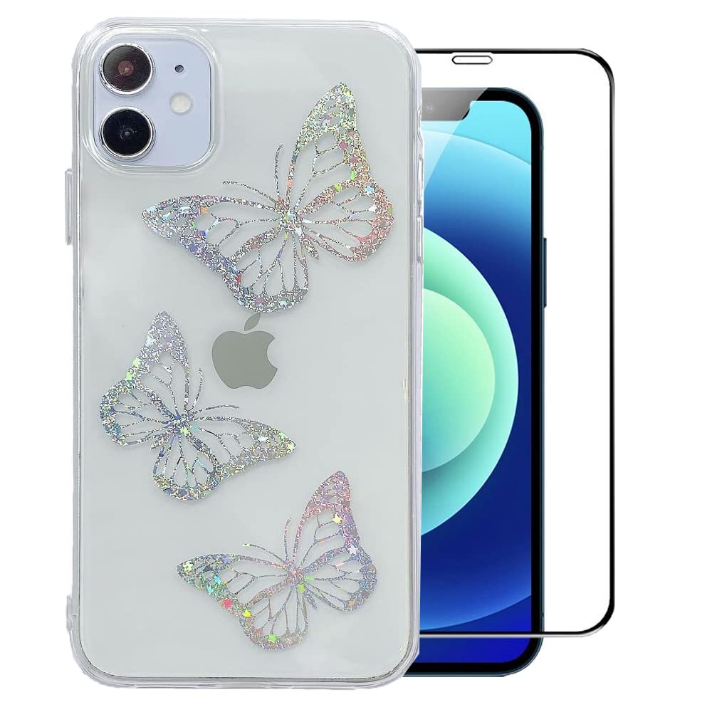 iPhone 12 Pro Max Case with Screen Protector - Clear Glitter TPU Electroplated Cover, Cute Butterfly Design for Women & Girls | Trendy Slim Protective Phone Case for Everyday Use & Gift Giving