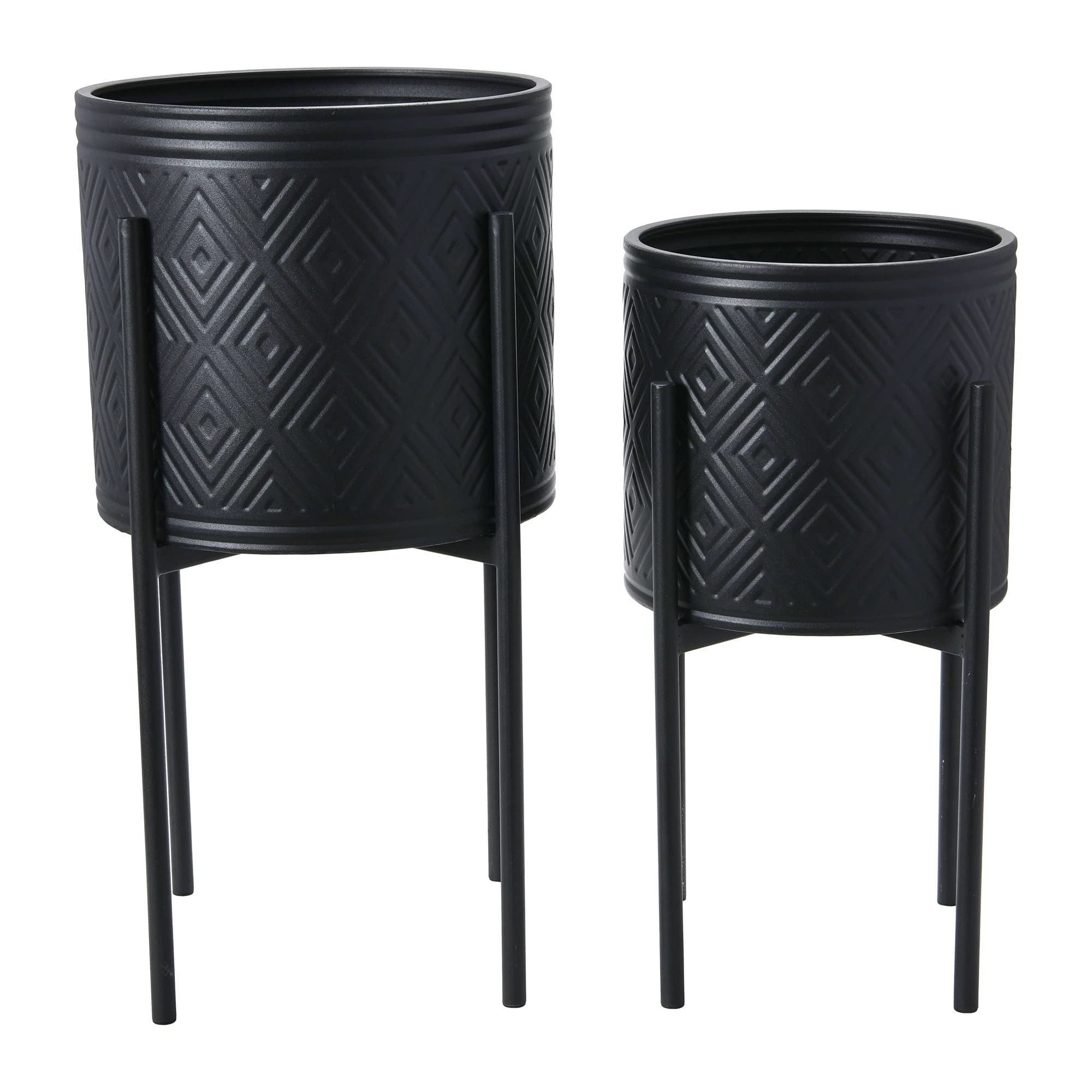 Modern Boho Embossed Metal Planters with Stands - Matte Black Set of 2 (Small & Large) - Indoor/Outdoor Home Decor for Living Room, Patio, or Office Plants