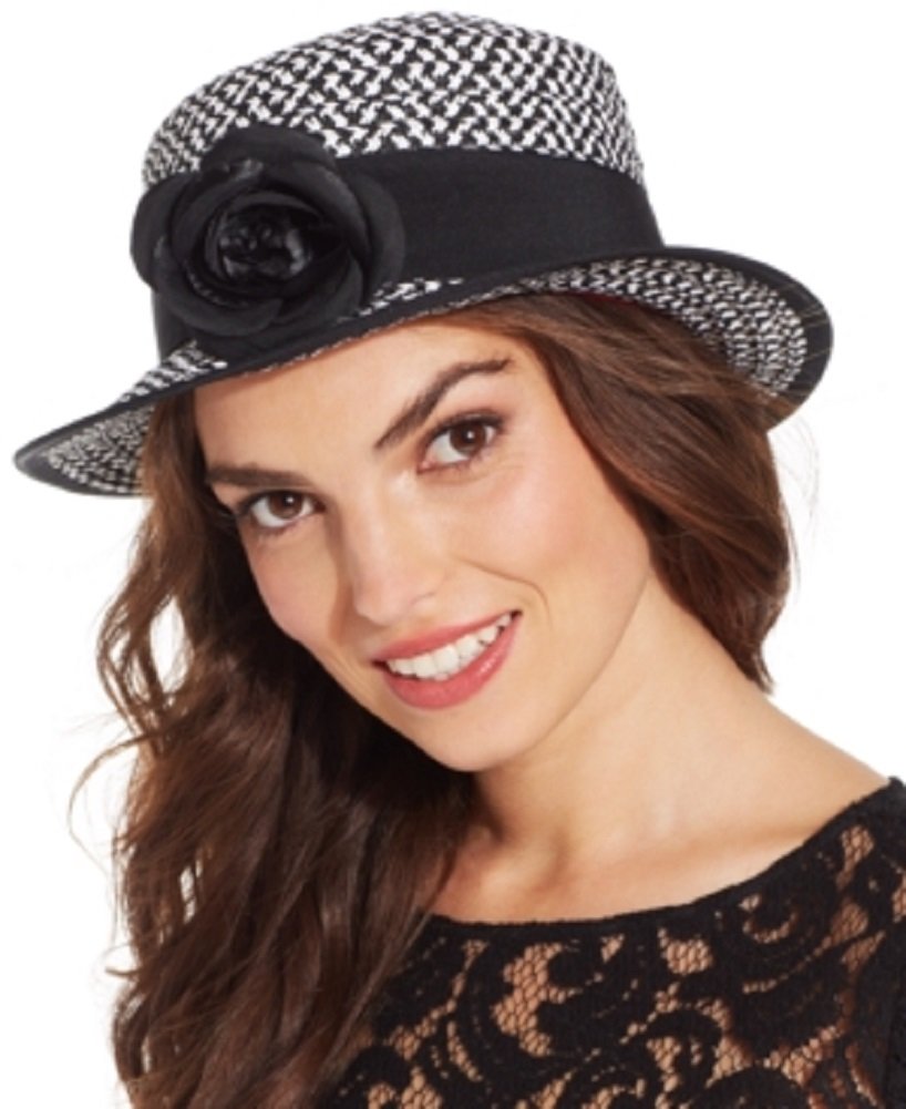 Nine West Black & White Tweed Boater Hat for Women - Stylish Summer Sun Hat for Beach, Garden, and Outdoor Activities