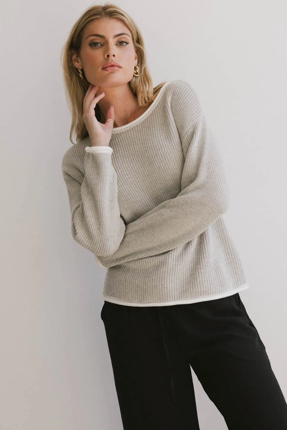 Stylish Mandy Contrast Sweater in Grey - Cozy Knit Pullover for Women | Perfect for Casual Outfits, Office Wear & Fall Fashion | FINAL SALE
