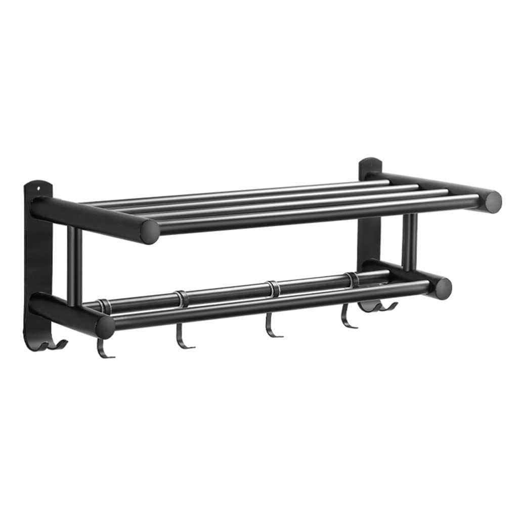 Stainless Steel Wall Mounted Towel Rack with Hooks - 50cm Black Bathroom Towel Holder for Shower, Kitchen & Spa | Space-Saving Towel Bar, Shelf & Rail Organizer