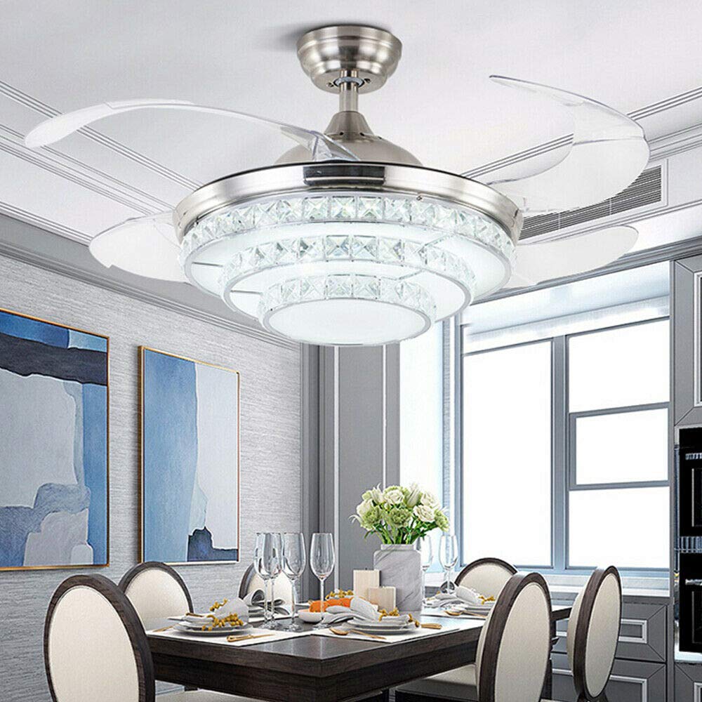 42-inch Modern Gold Ceiling Fan with Lights - Retractable Fan Chandelier, 4 Blades, Remote Control, Adjustable Speed & Dimmable LED Light - Perfect for Living Room, Bedroom, and Indoor Home Decor