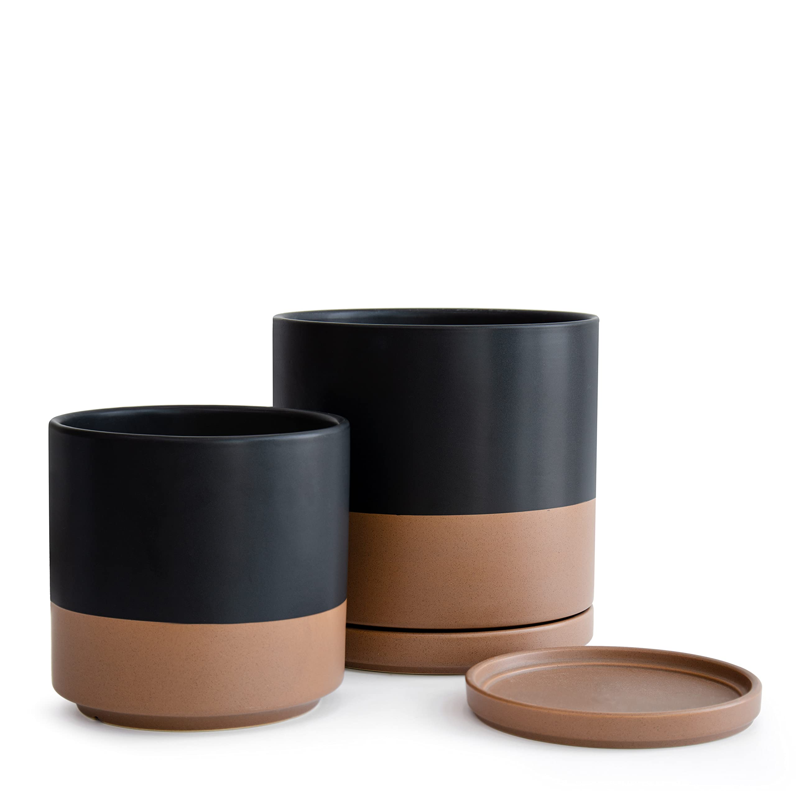 8 Inch & 10 Inch Large Ceramic Plant Pots Set with Drainage Hole and Saucer - Black/Speckled Tan Indoor Outdoor Flower Planters for Home Garden Decor (Set of 2)