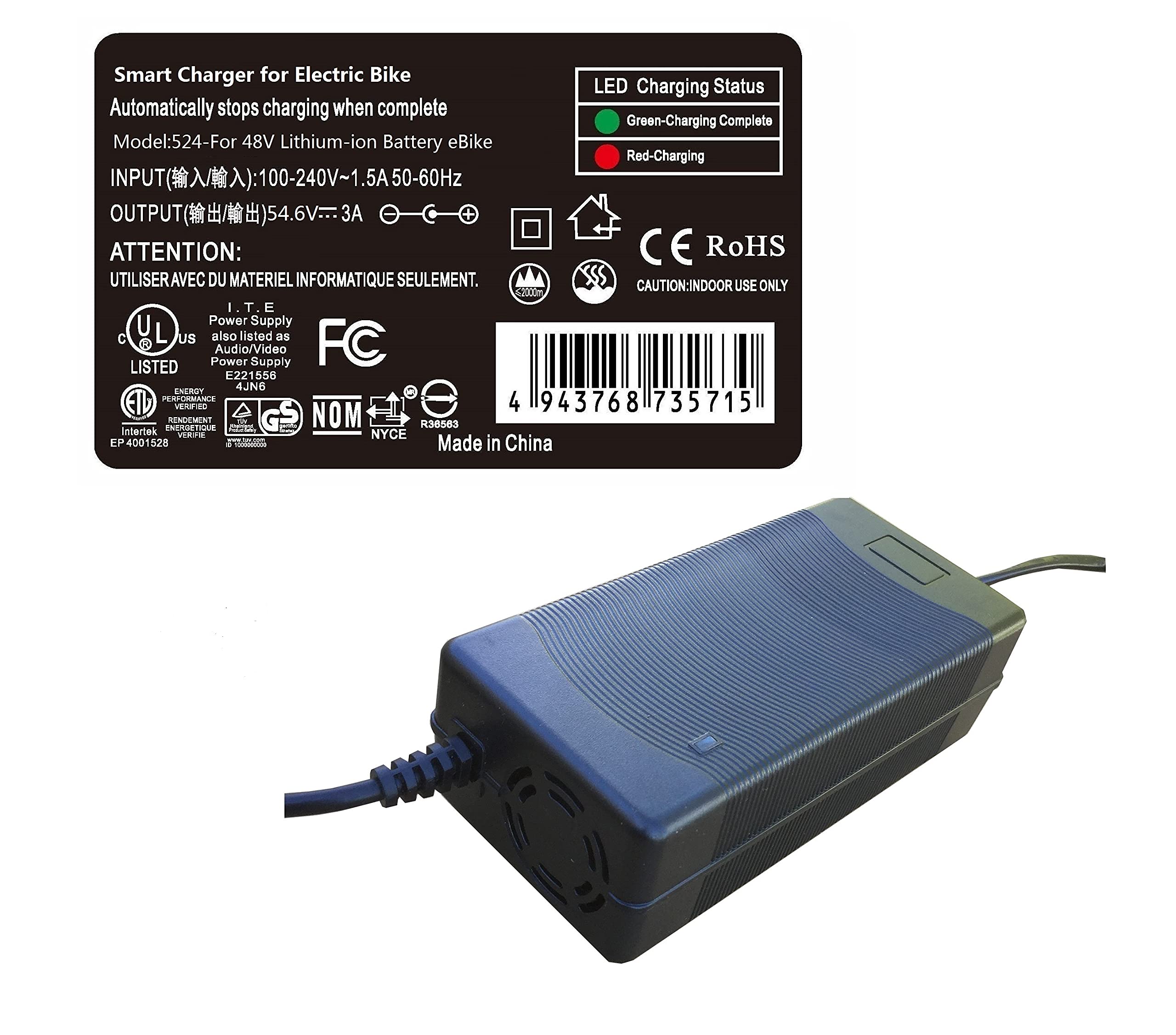 PowerTech 3A Smart Fast Charger for RAD Power RadWagon 4 Cargo E-Bike | Compatible with Electric Bicycle Battery | Perfect for Commuting & Delivery Riders