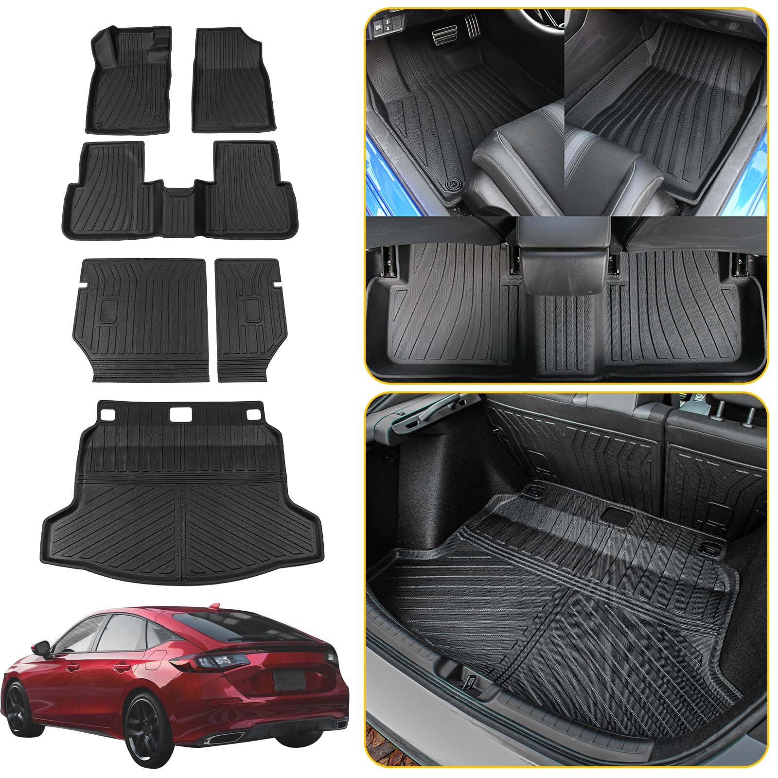 2022-2025 Honda Civic Hatchback All-Weather Floor Mats Set - TPE Cargo Liner Trunk Mat + Back Seat Cover + Kick Protectors | Durable Car Accessories for Road Trips & Daily Commute
