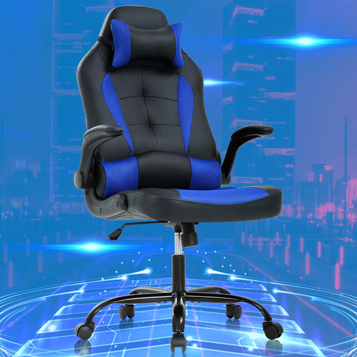 Ergonomic Gaming Office Chair with Lumbar Support & Headrest - Adjustable High Back PU Leather Racing Style Swivel Computer Desk Chair - Blue - Perfect for Home Office, Gaming Setup & Workstation Comfort