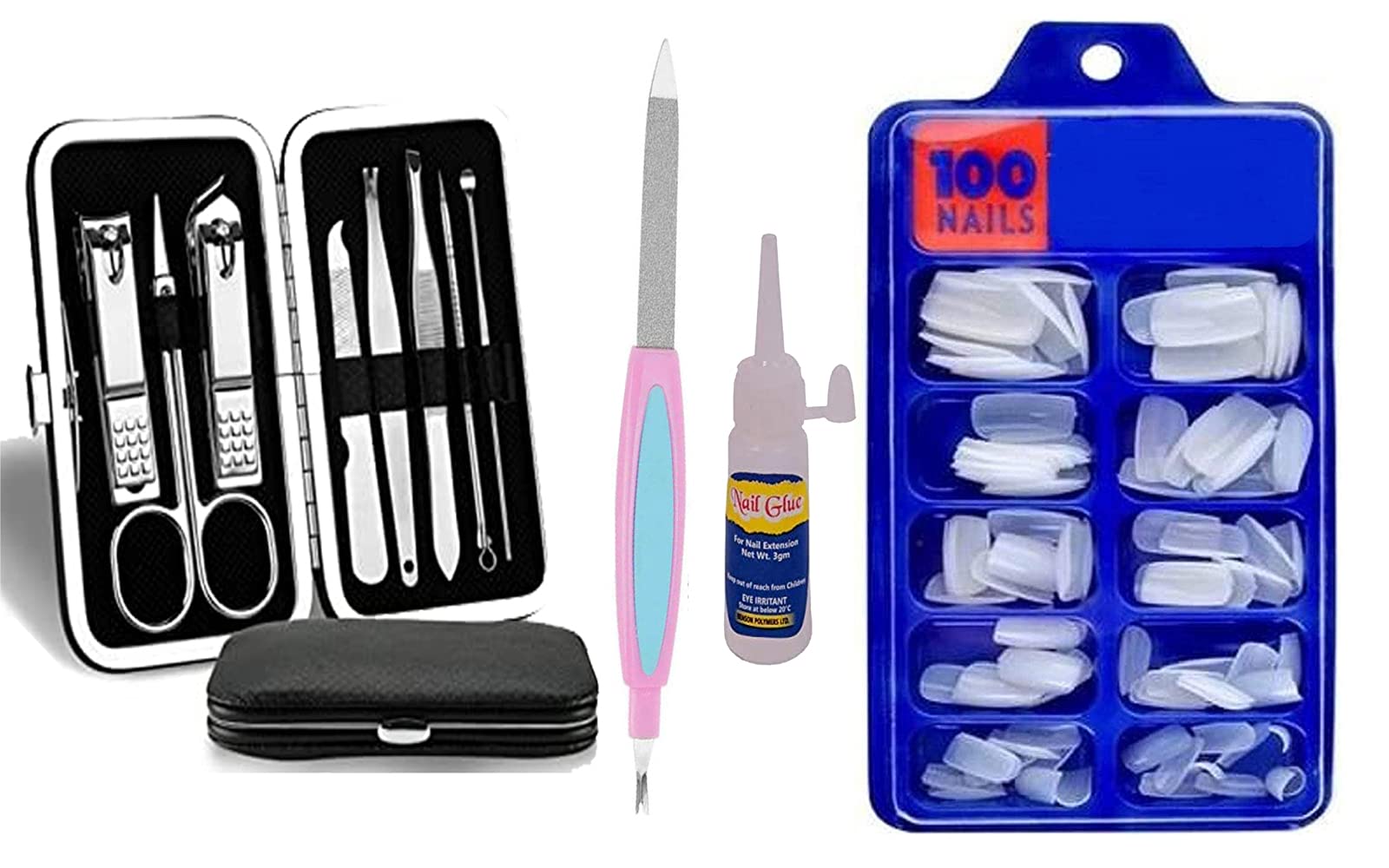 Professional Stainless Steel Manicure & Pedicure Set - Nail Clippers, Tweezers, Scissors & 100pcs Artificial Nails with Nail Filer - Complete Nail Care Kit for Men & Women - Perfect for Home, Travel & Salon Use