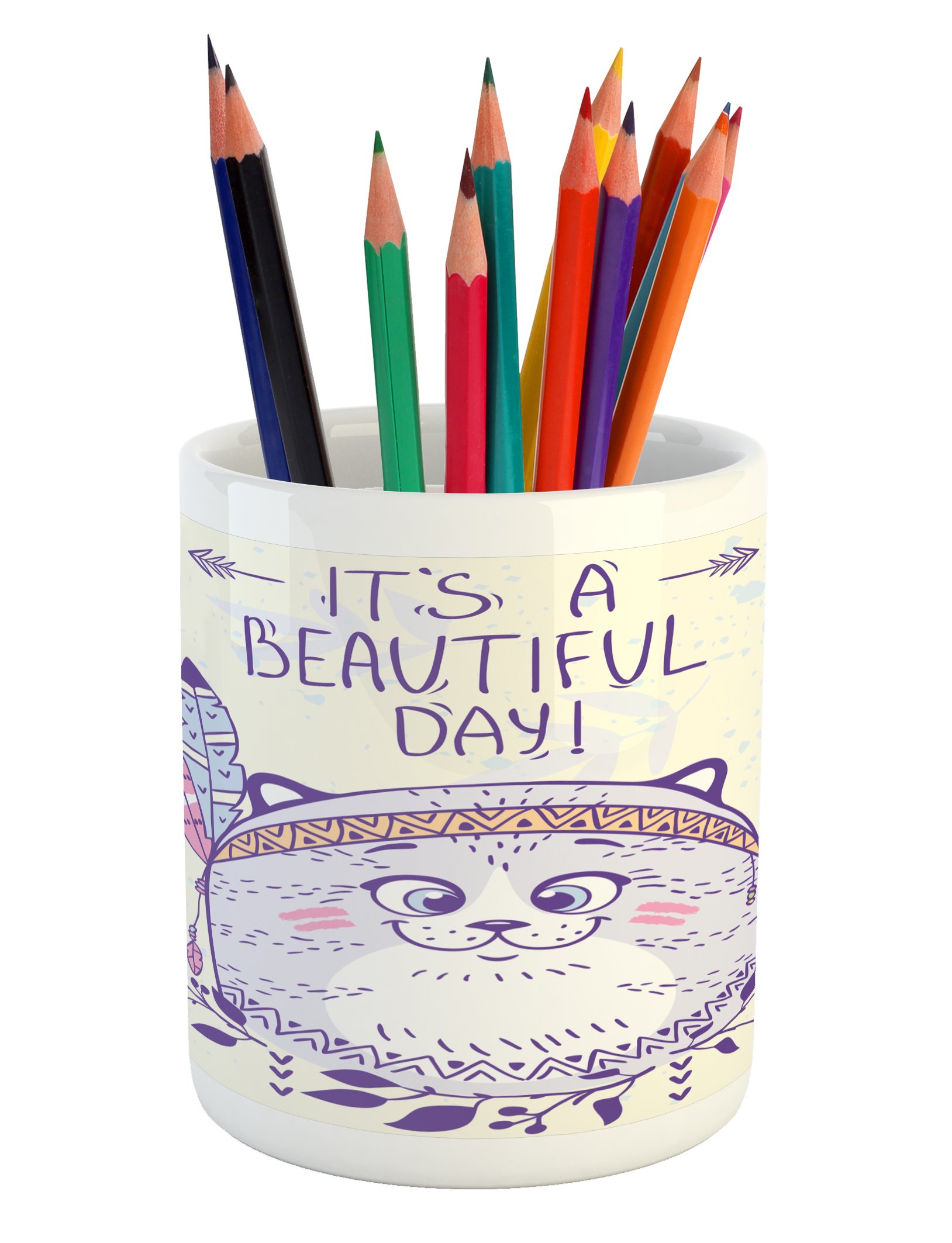 Hippie Cat Ceramic Pen Holder - Purple & Cream for Desk & Office