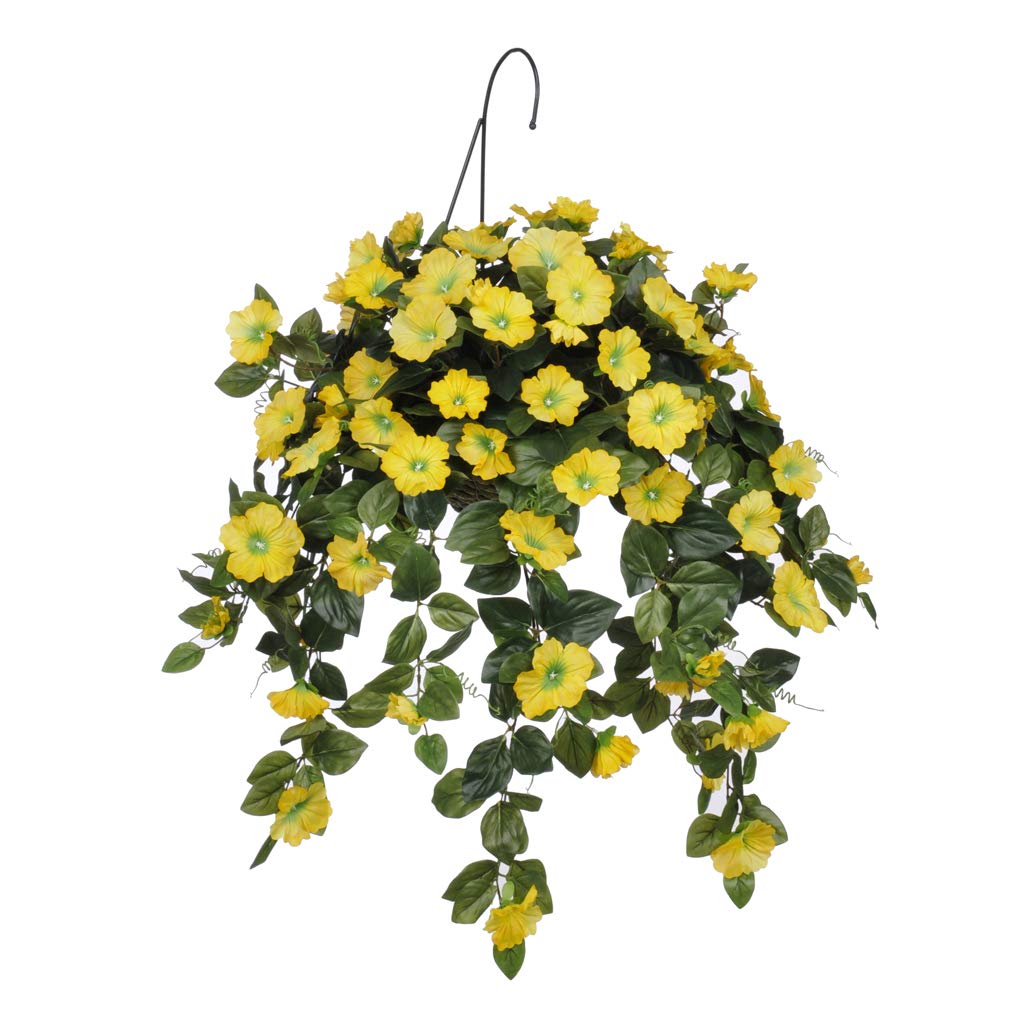 House of Silk Flowers Artificial Yellow Petunia in Natural Water Hyacinth Hanging Basket - Perfect for Patio, Garden, and Indoor Decor