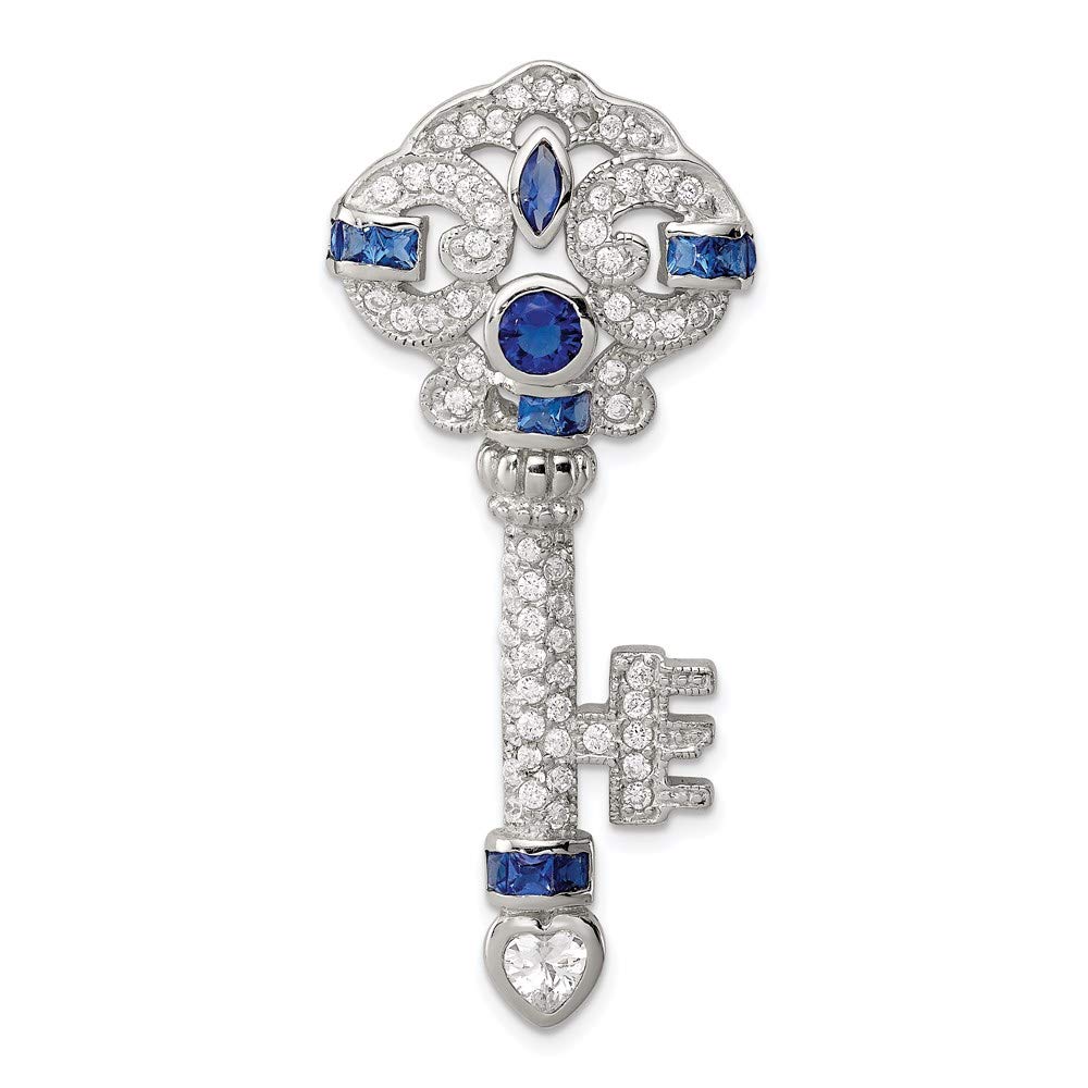 925 Sterling Silver Blue & Clear Cubic Zirconia Key Slide Pendant Necklace - Elegant Women's Fine Jewelry Gift for Her - Perfect for Anniversaries, Birthdays & Special Occasions