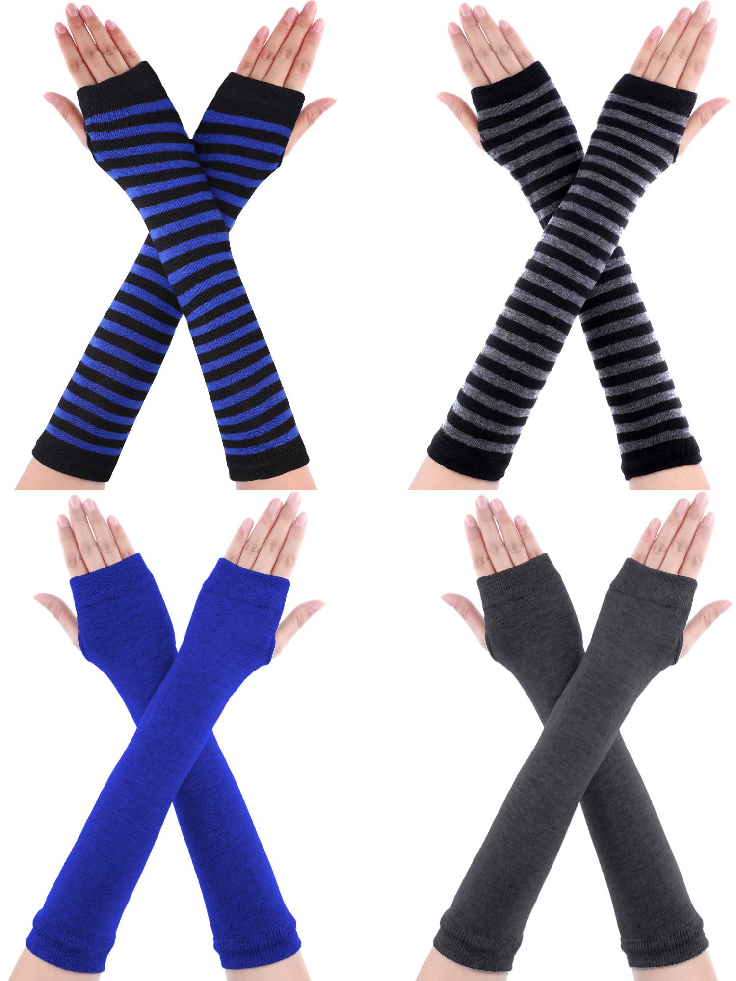 Bememo 4 Pairs Punk Gothic Fingerless Gloves - Knitted Arm Warmers with Thumb Hole, Elbow Length for Women & Men | Perfect for Cosplay, Halloween, Gothic Fashion & Cold Weather