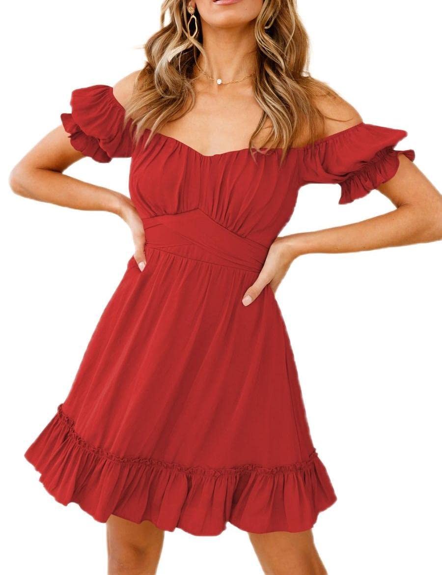 ADoOrWear Women's Black Puff Sleeve Summer Dress - Elegant Ruffle A-Line Square Neck Short Sleeve Dress for Casual Wear, Date Night & Outdoor Events