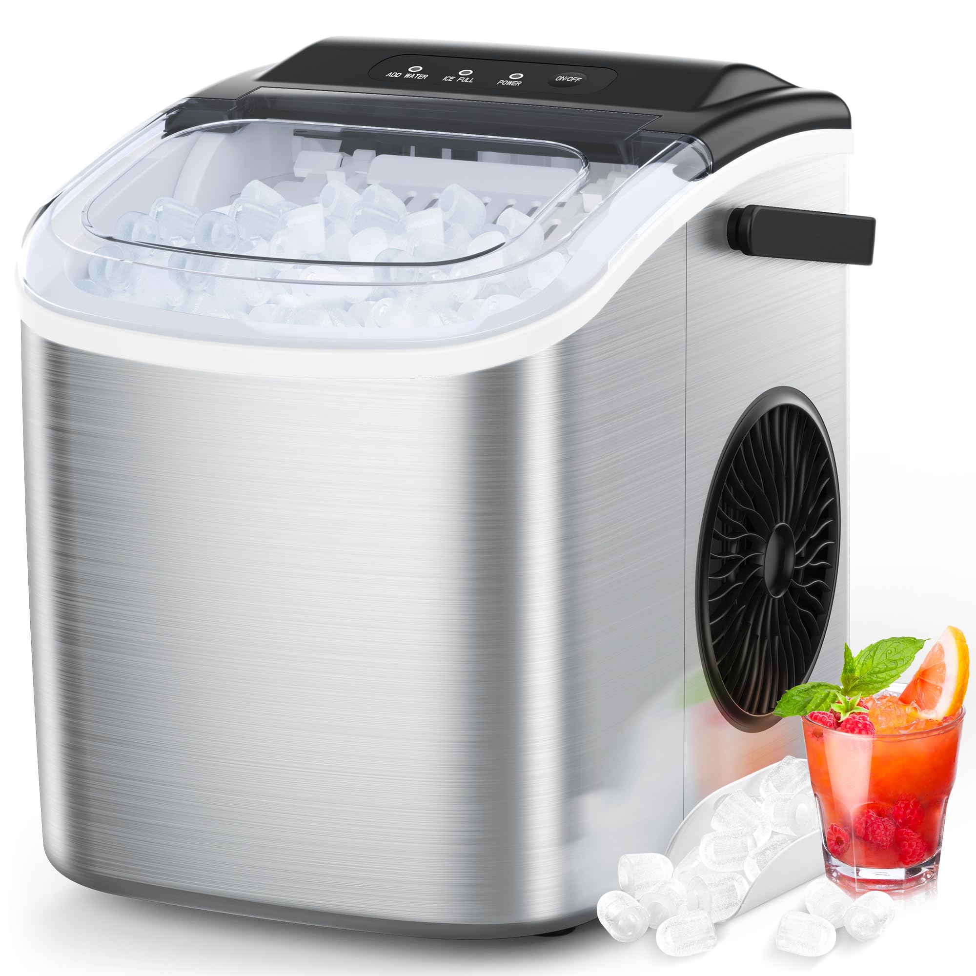 Portable Stainless Steel Countertop Ice Maker Machine - 26.5lbs/24Hrs, 9 Bullet Ice Cubes in 6 Minutes, Self-Cleaning Function | Perfect for Home, Office, RV, Parties & Outdoor Activities | Great Gift Idea for Holidays & Housewarming