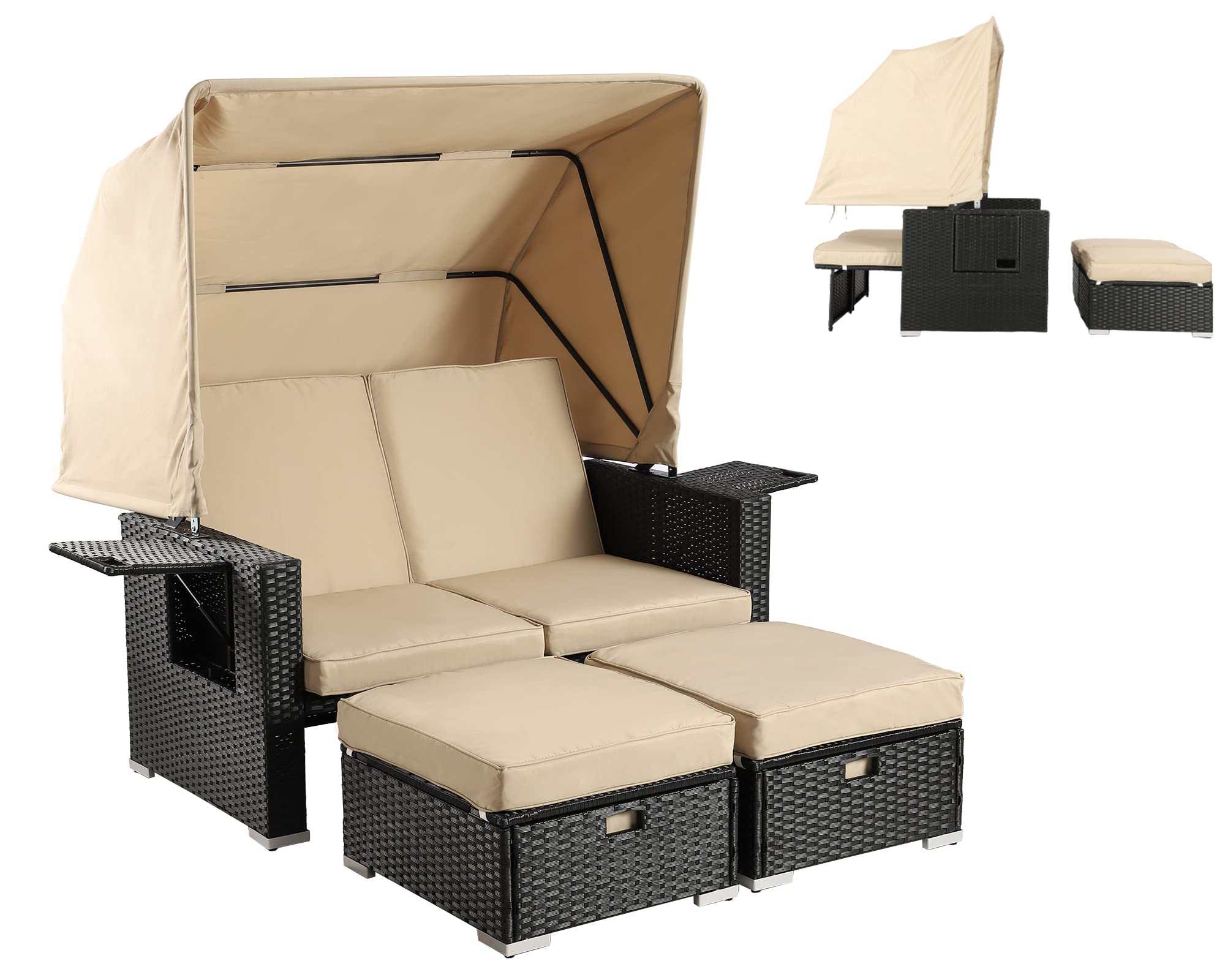 LEISU Outdoor Patio Furniture Sunbed with Retractable Canopy - PE Wicker Rattan Rectangle Sectional Sofa Set with Washable Cushions - Perfect for Lawn, Garden, Poolside & Backyard Relaxation (Khaki)