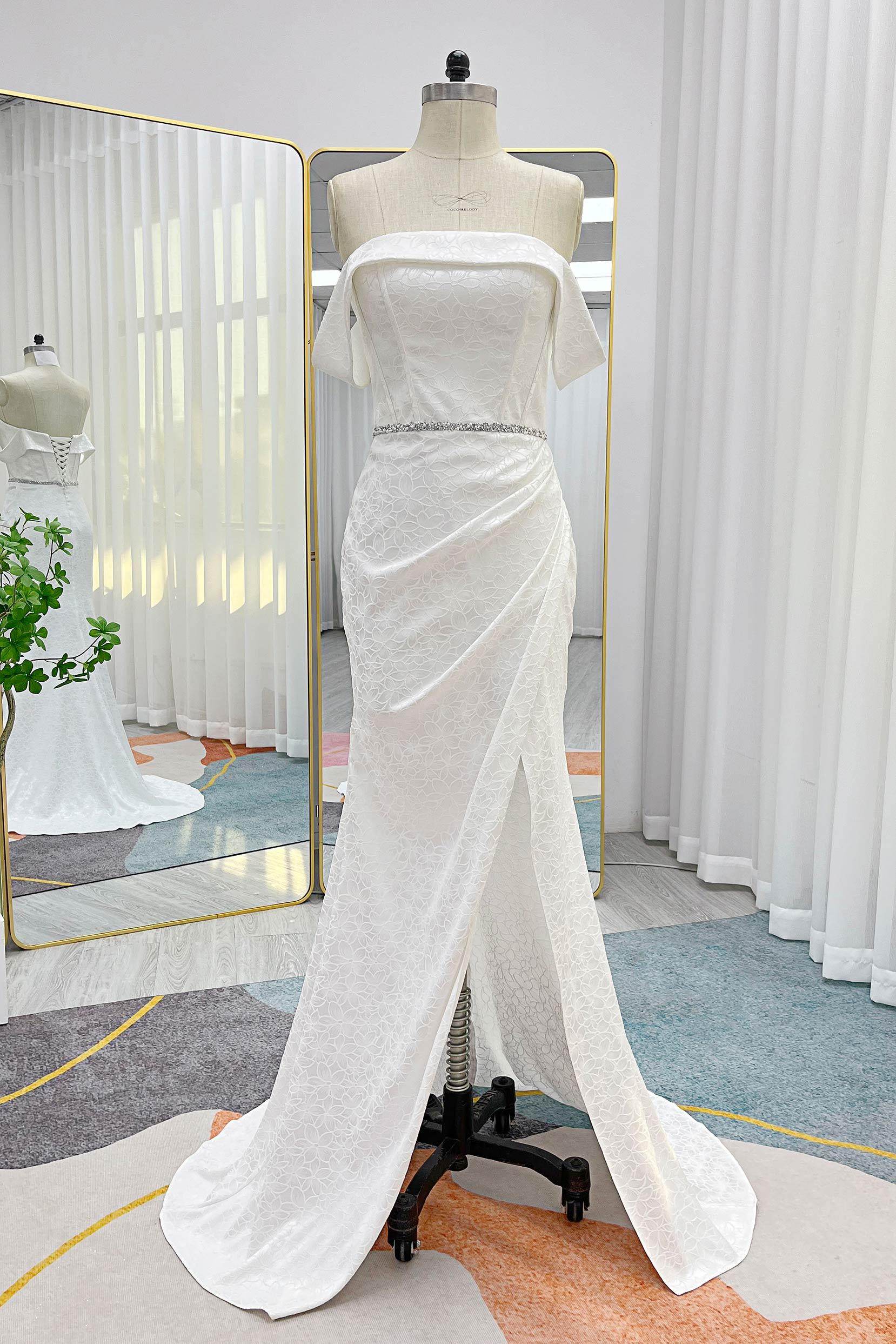 Elegant Mermaid Sweep Brush Train Jacquard Satin Wedding Dress CW3283 - Perfect for Beach, Church, and Ballroom Weddings