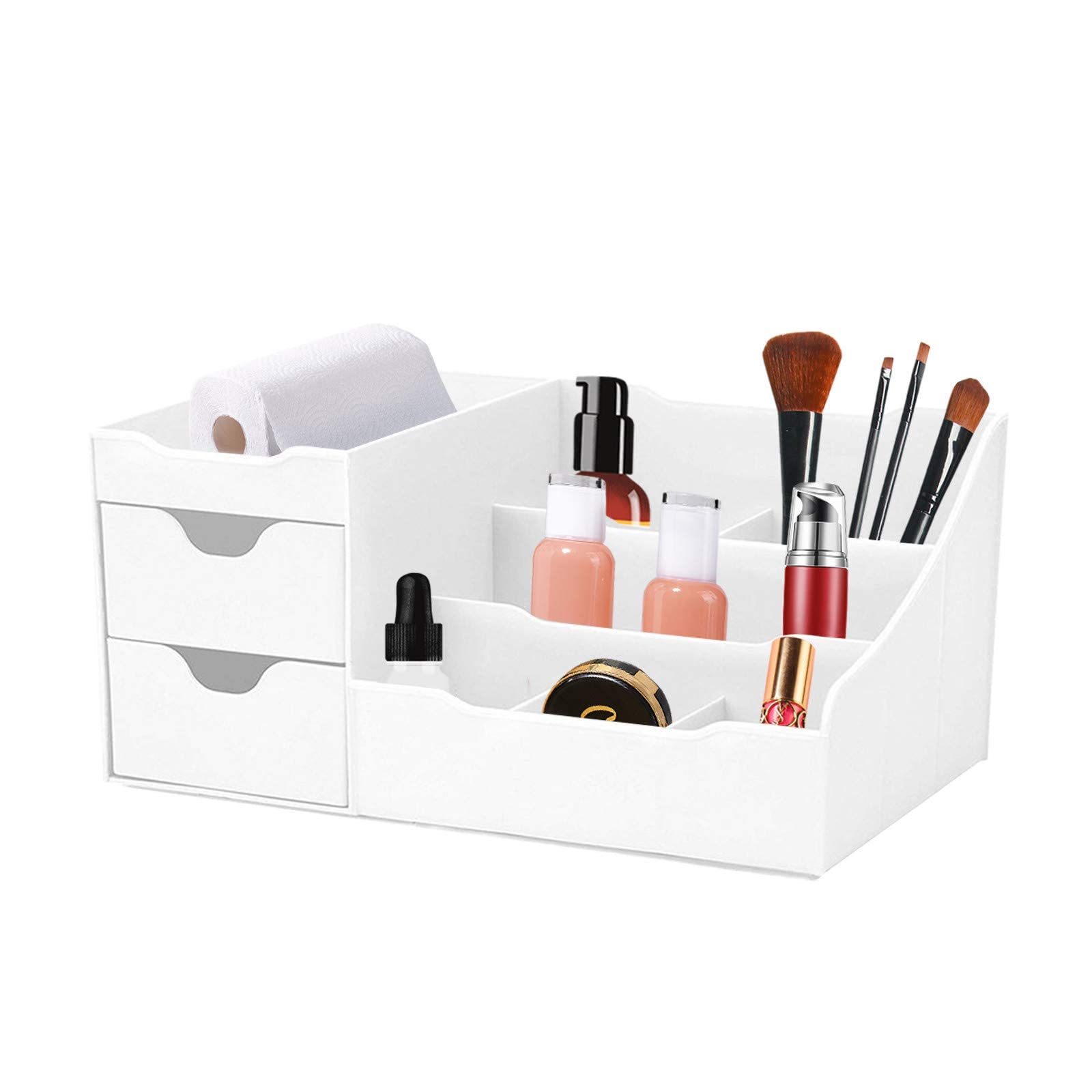 PMUYBHF 5-Tier Makeup Organizer with Drawers - Modern Countertop Cosmetic Storage Box, Vanity Dresser & Nightstand Organizer for Makeup Brushes, Lipsticks, Skincare (White) - Perfect for Bedroom, Bathroom & Dressing Table