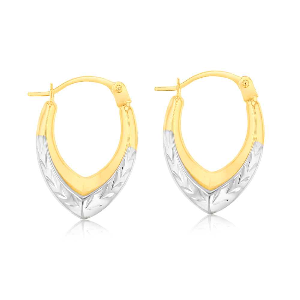 9ct Two Tone White and Yellow Gold Diamond Cut Creole Hoop Earrings for Women - Elegant Everyday Jewelry for Parties, Weddings & Special Occasions
