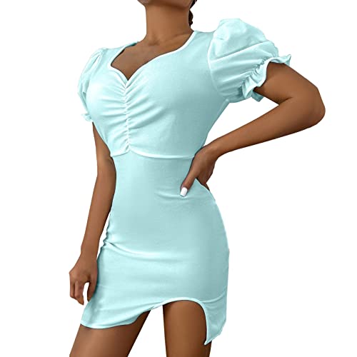 Vintage Women's Ruched Bust Puff Sleeve Mini Dress with Side Slit - A-Line Party Dress for Women (Blue, XL) | Perfect for Cocktail Parties, Date Nights & Special Occasions