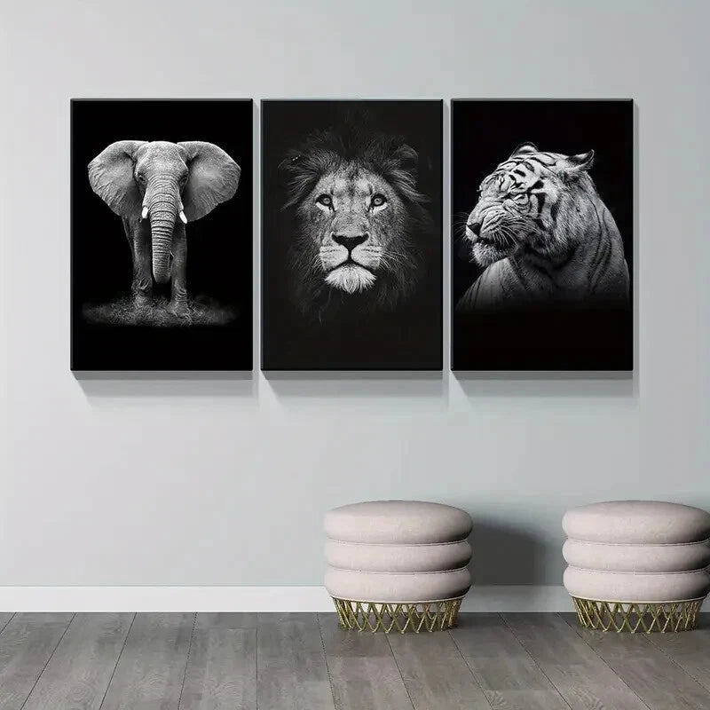 3-Piece Elephant Lion Tiger Animal Prints Metal Wall Art - Ready to Hang Jungle Theme Decor for Living Room, Bedroom & Office