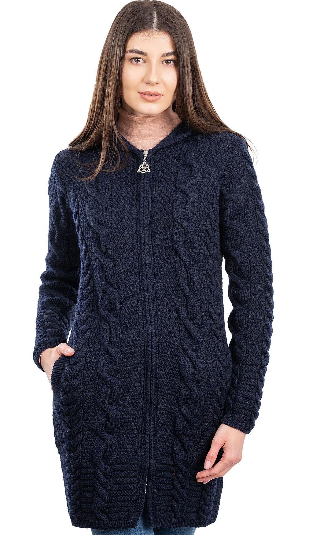 SAOL 100% Merino Wool Aran Cable Knit Hooded Zip Cardigan Irish Coat - Women's Winter Warm Fleece Lined Sweater Jacket for Outdoor Hiking, Travel & Casual Wear