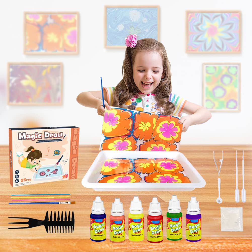 Funwins Marbling Paint Kit for Kids Ages 4-12 - 6 Color Water Art Painting Set with Spin Art Tools | Creative Arts & Crafts Gift for Girls & Boys | School Art Supplies for Water Painting, Magic Drawing & DIY Projects