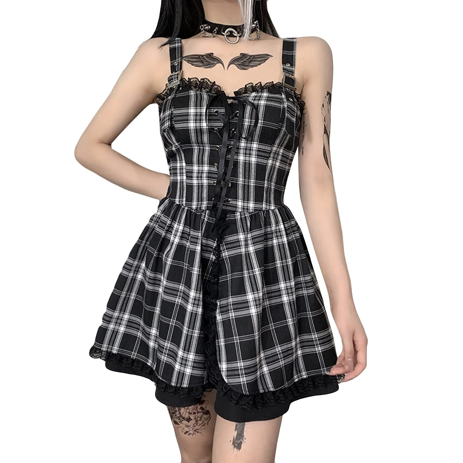 Gothic Style Women's Mini Dress - Sleeveless Lace Plaid Printed High Waist Party Dress | Perfect for Summer Outfits, Night Parties & Gothic Fashion Events