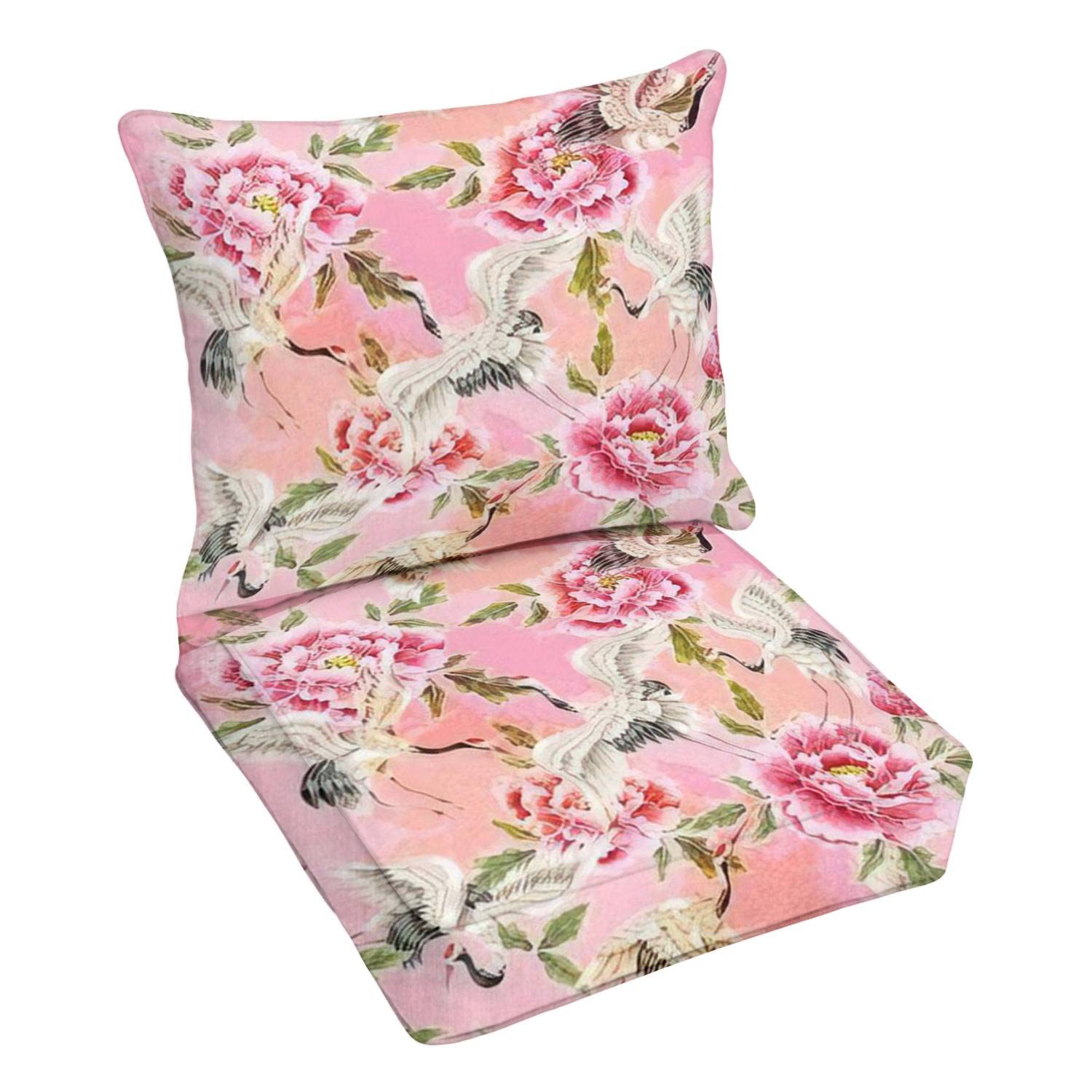 Premium Outdoor Deep Seating Cushion Set - Japanese White Cranes & Peony Print, Water-Resistant Patio Furniture Replacement Cushions for Lounge Chairs - Perfect for Garden, Poolside & Outdoor Conversation Areas