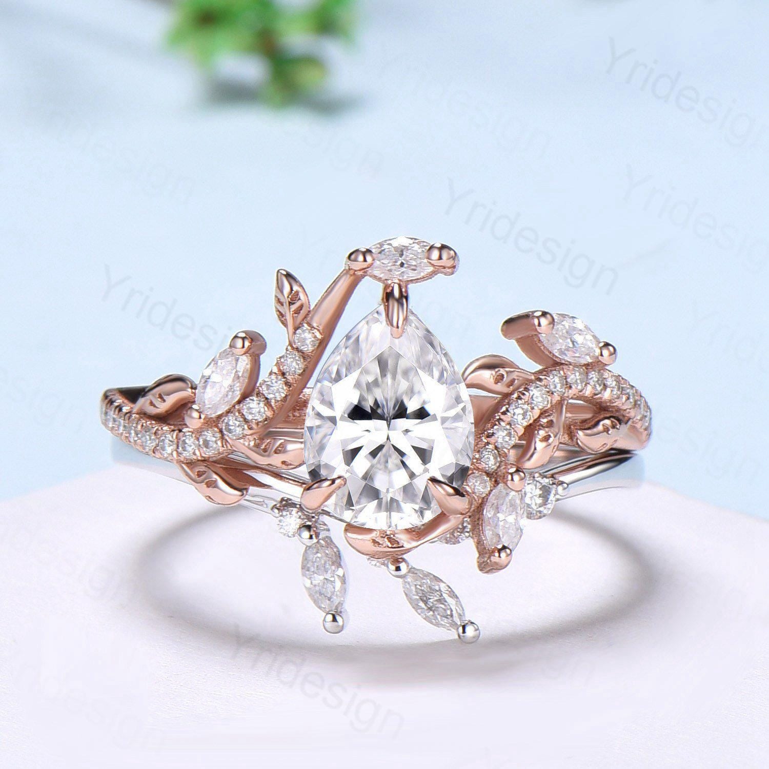 Pear Shaped Brilliant Moissanite Engagement Ring Set - Nature Inspired Snake Eternity Wedding Band - Moissanite Promise Bridal Jewelry - Perfect Gift for Women - Ideal for Proposals, Anniversaries & Special Occasions