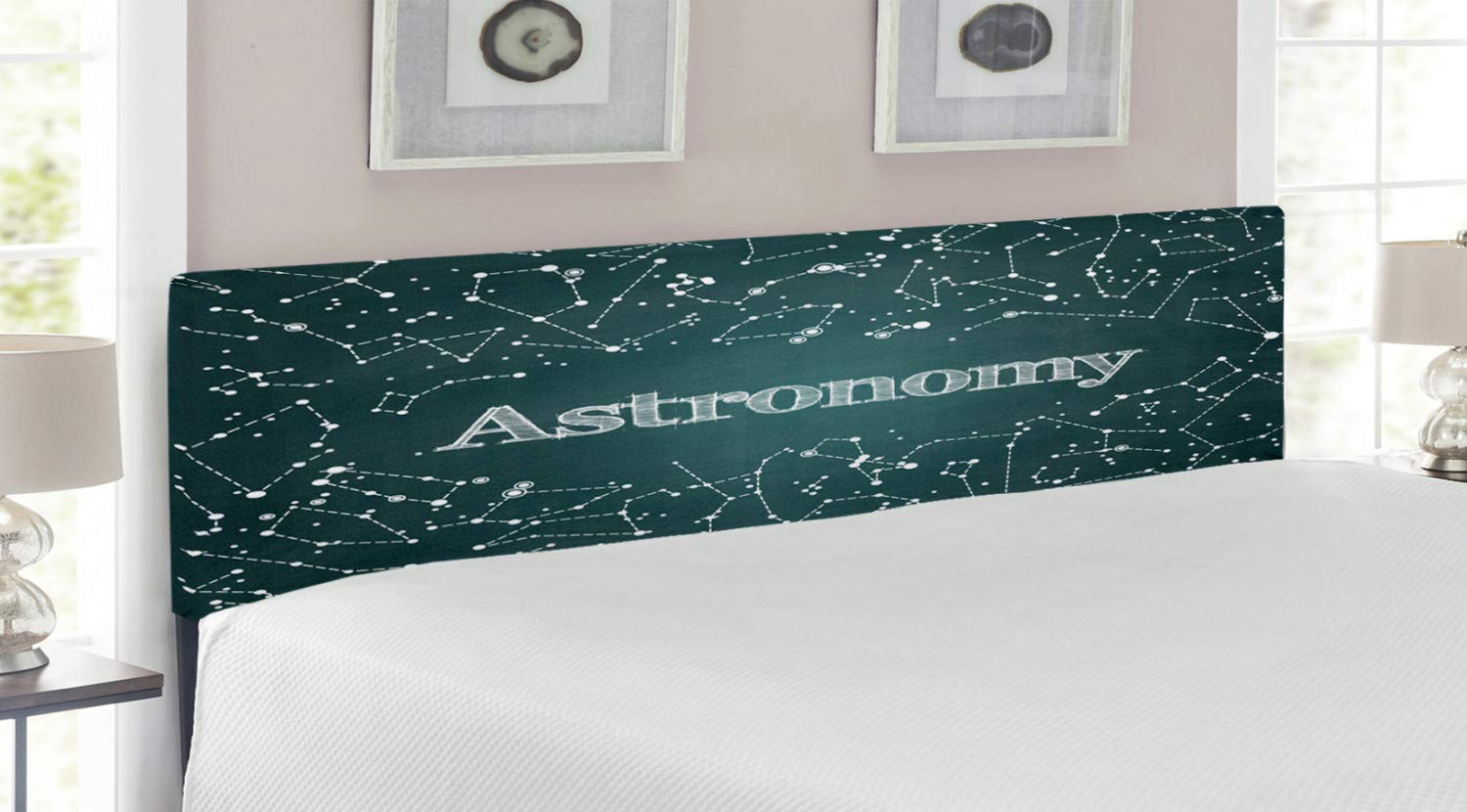 Ambesonne Constellation Headboard - Astronomy & Scientific Design with Chalkboard Star Clusters - Upholstered Decorative Metal Bed Headboard with Memory Foam - King Size in Green & White - Perfect for Bedroom Decor & Stargazing Enthusiasts
