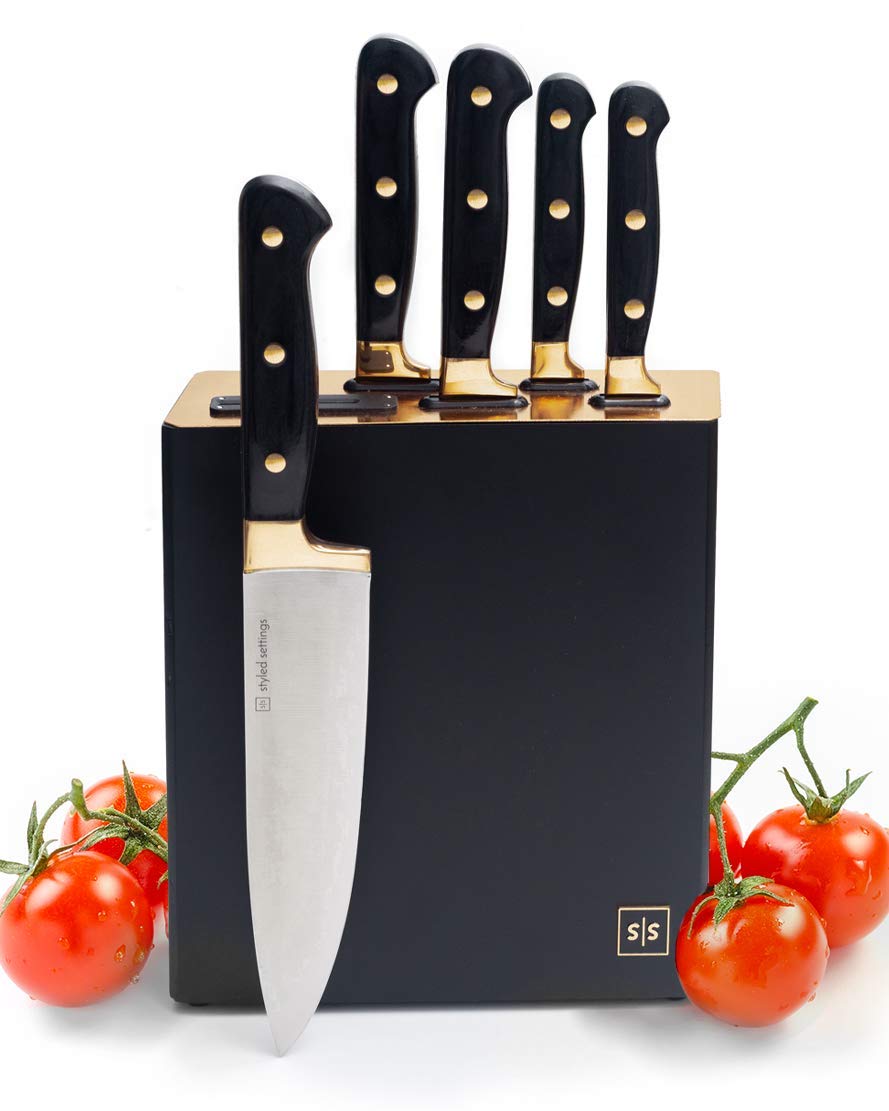 Premium 6-Piece Black & Gold Knife Set with Wooden Block & Sharpener - High-Quality Kitchen Knives for Professional Chefs & Home Cooking - Perfect for Meat Cutting, Vegetable Chopping & Gourmet Meal Prep