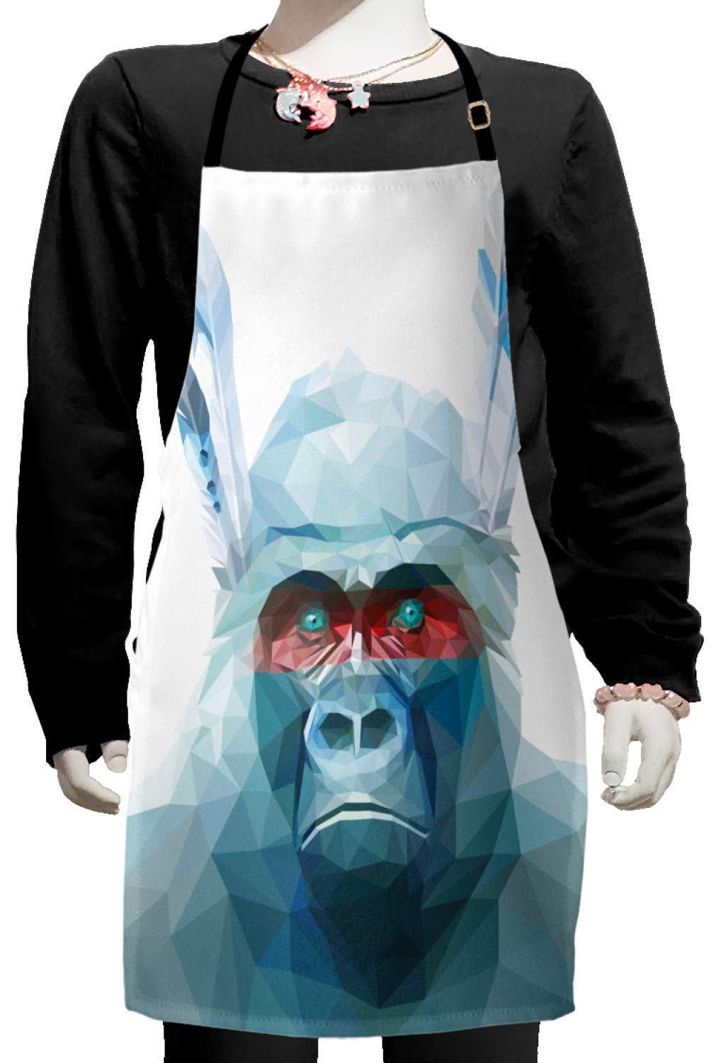 Ambesonne Psychedelic Apron - Adjustable Gorilla with Feathers Print Kitchen Apron for Baking, Painting & Cooking - Blue Geometric Design Small Bib Apron for Adults & Teens - Perfect for Home Chefs, Artists & DIY Enthusiasts