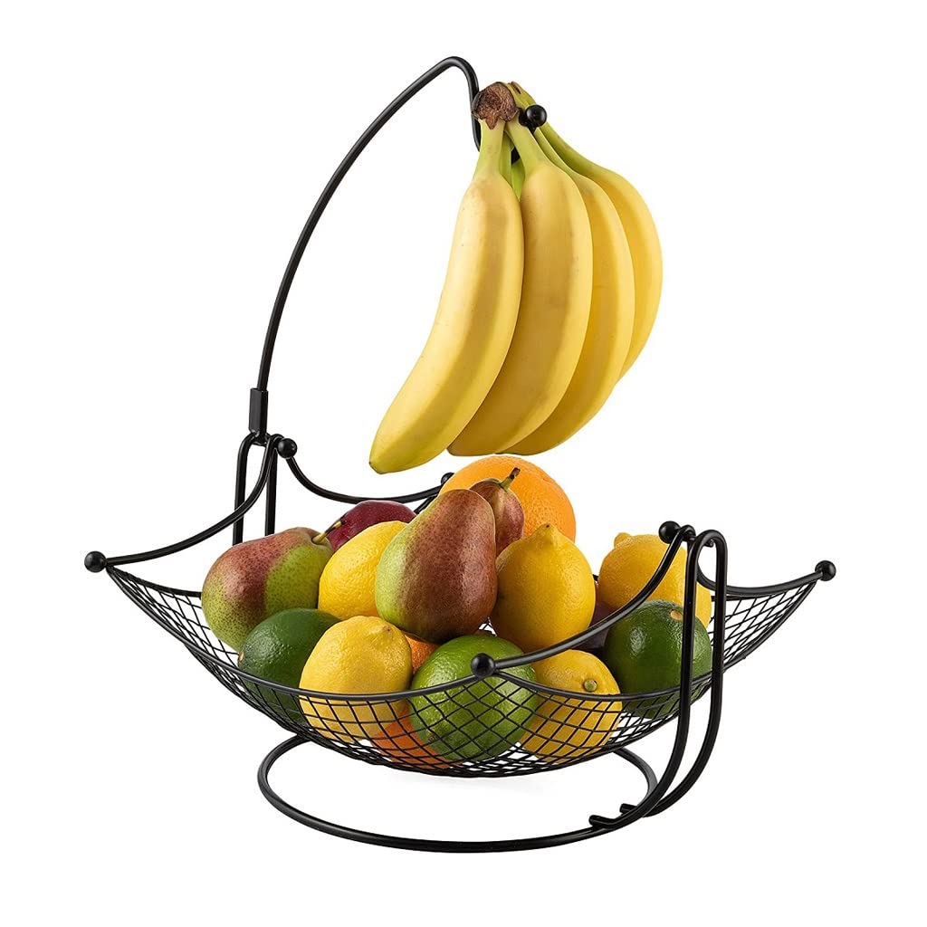 Elegant Detachable Fruit Bowl with Banana Holder - Kitchen Countertop Storage Basket for Fresh Fruits, Bananas & Kitchen Gadgets - Perfect for Dining Table, Pantry & Home Organization (Black)
