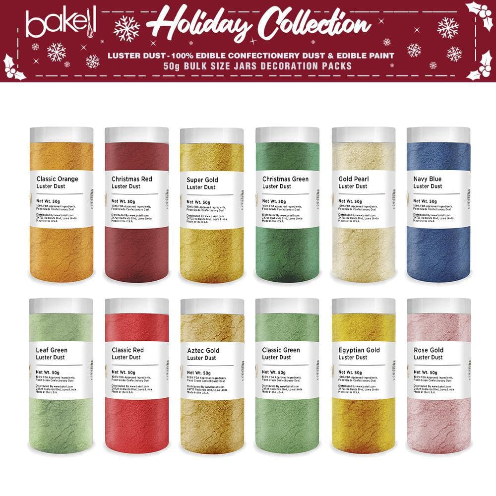Christmas Collection Luster Dust Combo Pack A (12 PC SET) 50 Gram Jar - Edible Cake Decorating Dust for Holiday Baking, Cookies, Cupcakes & DIY Crafts