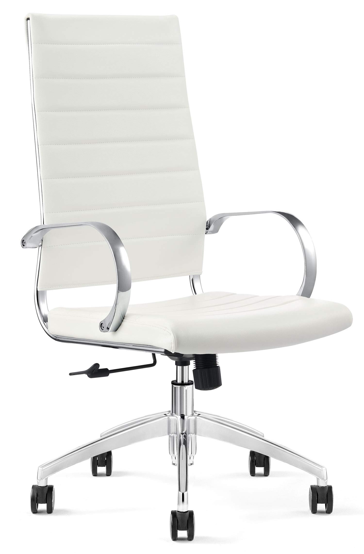 Ergonomic Ribbed High Back Conference Room Chair with Lumbar Support - Modern Executive Office Chair with 360° Swivel & Rolling Wheels - Aluminum Chrome Frame & Base - White Home Office Chair (Pack of 1) - Perfect for Meetings, Workstations & Home Offices