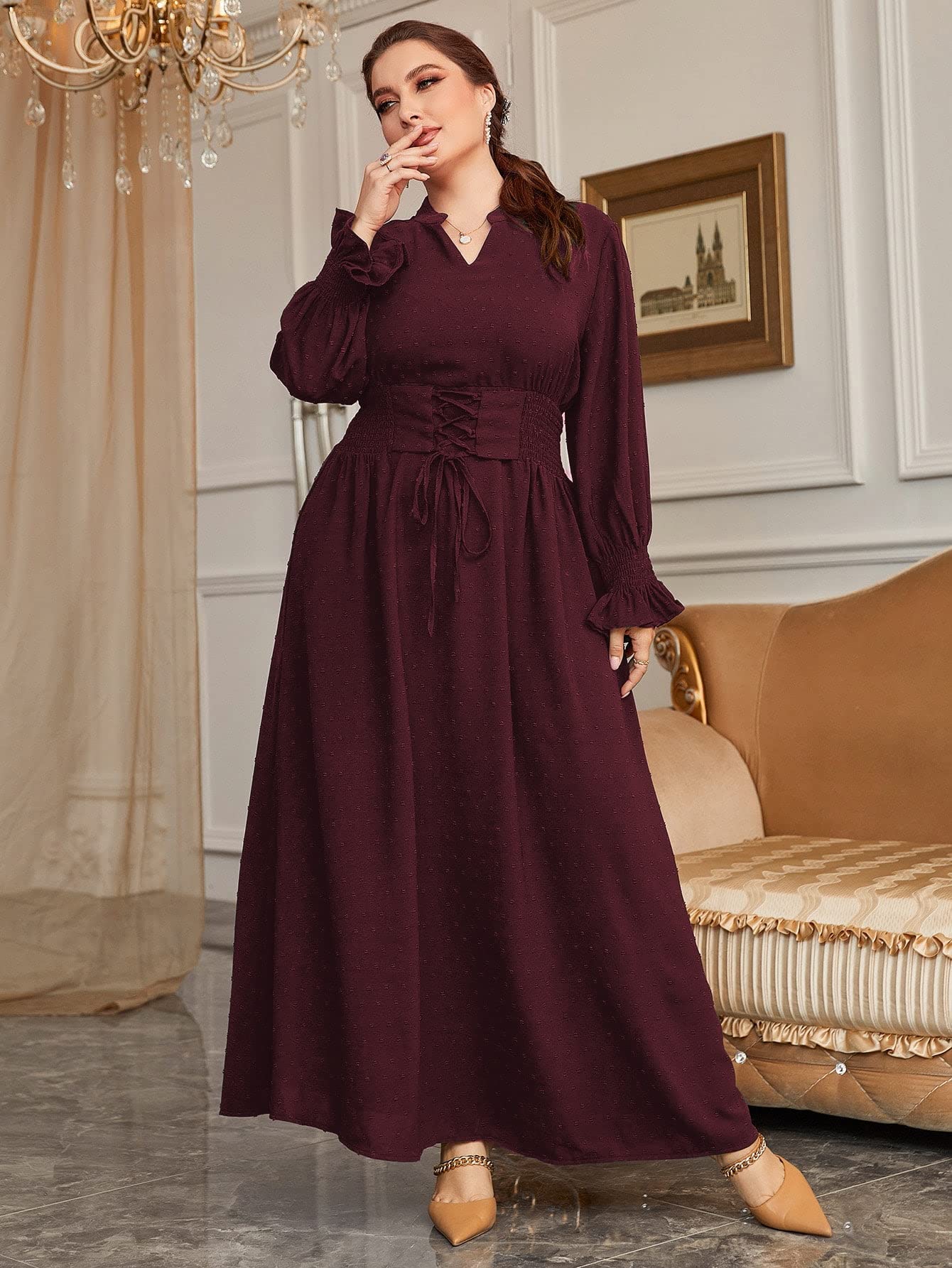 **Plus Size Swiss Dot Flounce Sleeve Dress for Women - Elegant Shirred Waist & Lace-Up Front Long Sleeve Dress (Burgundy, X-Large) | Perfect for Weddings, Parties & Special Occasions**