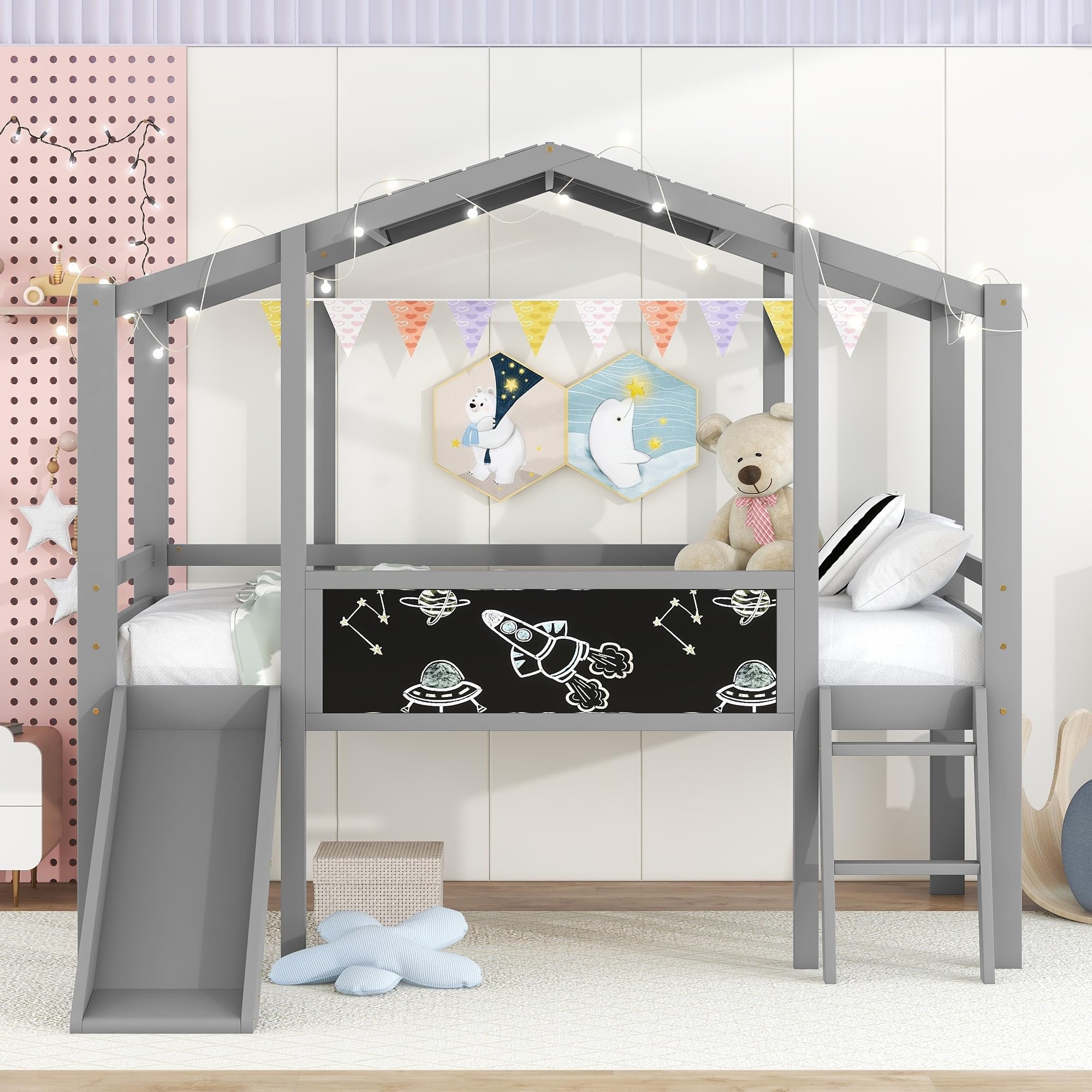 **Twin Size Loft Bed with Slide for Kids - Low Loft Bed with Blackboard & LED Light Strip - Wooden Slide Bed for Boys & Girls (Grey) - Perfect for Small Bedrooms, Playrooms & Fun Sleepovers**