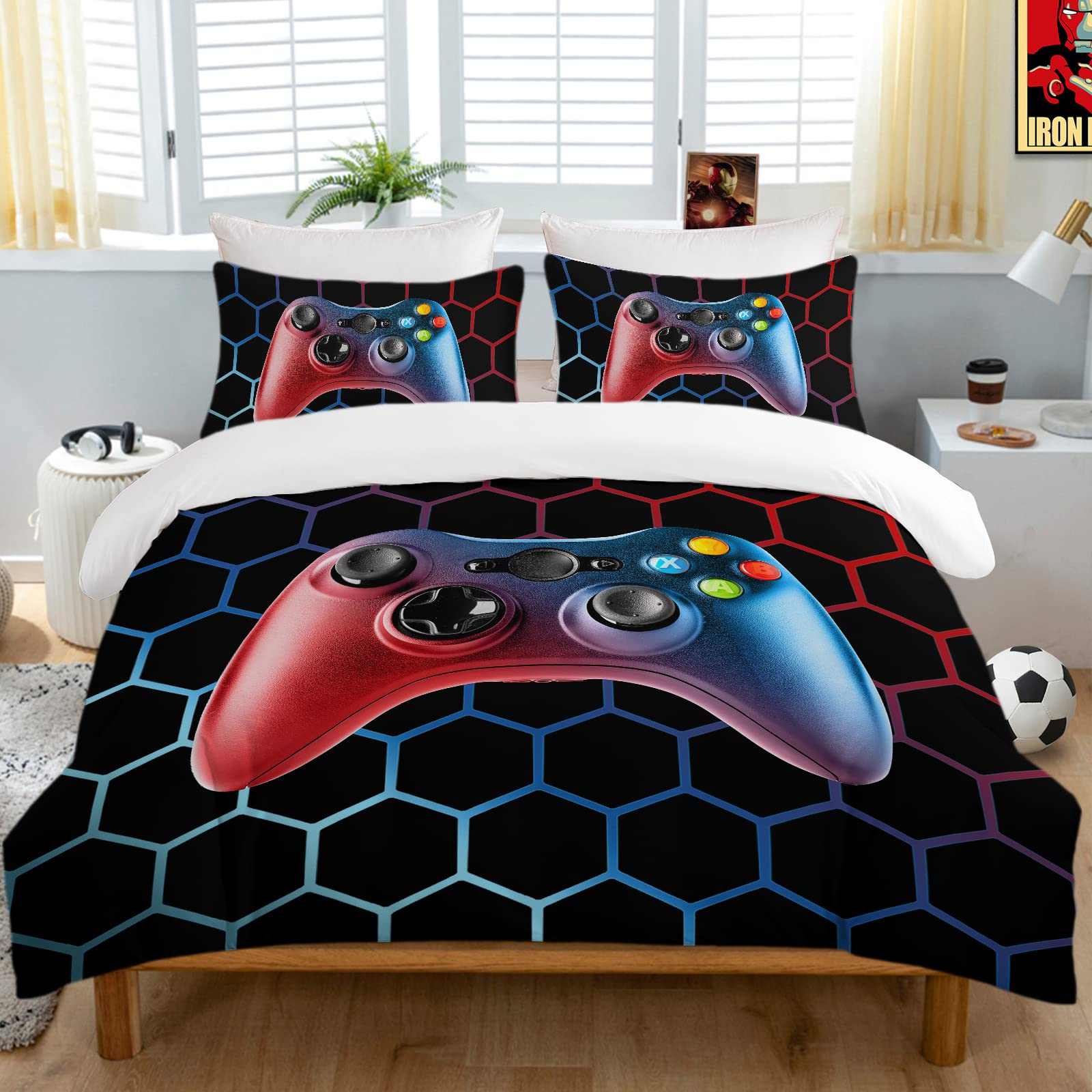 **BEDMUST Red and Blue Hexagon Gaming Duvet Cover Set for Kids - 3 Piece Zippered Bedding Set (Twin Size, 1 Duvet Cover + 2 Pillow Shams) - Perfect for Boys' Bedroom, Gaming Themed Decor, and Sleepovers**