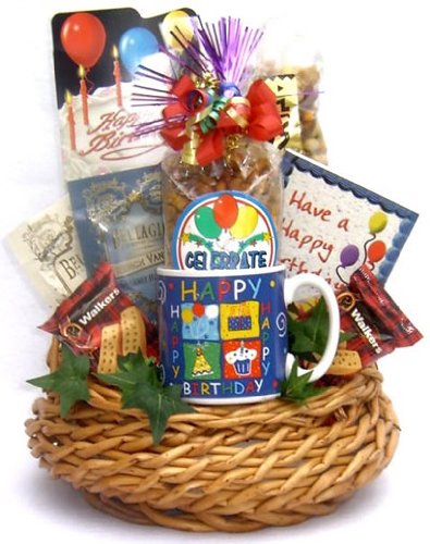 Birthday Bash Party Gift Basket - Premium Handcrafted Mug, Cookies, Snack Mix, Pretzels, Brownies, Crossword Book & Chocolate Spoons - Made in USA - Perfect for Birthday Celebrations, Office Gifts & Surprise Deliveries
