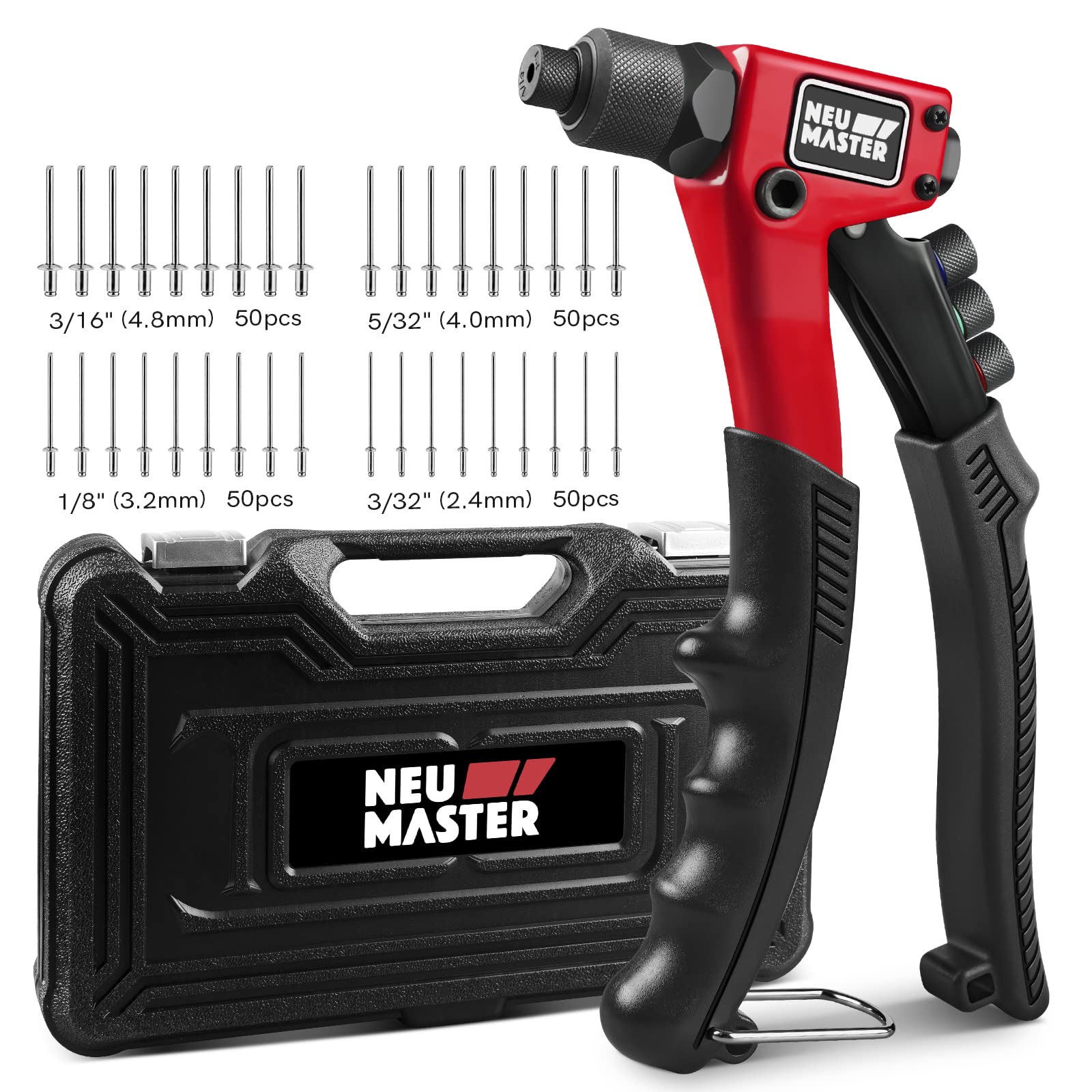 NEU MASTER Heavy Duty Manual Rivet Gun Kit - 4 Tool-Free Interchangeable Heads with 200Pcs Rivets & BMC Case - Professional Single Hand Riveter for Plastic, Metal, Leather - Perfect for DIY Projects, Home Repairs, and Automotive Work
