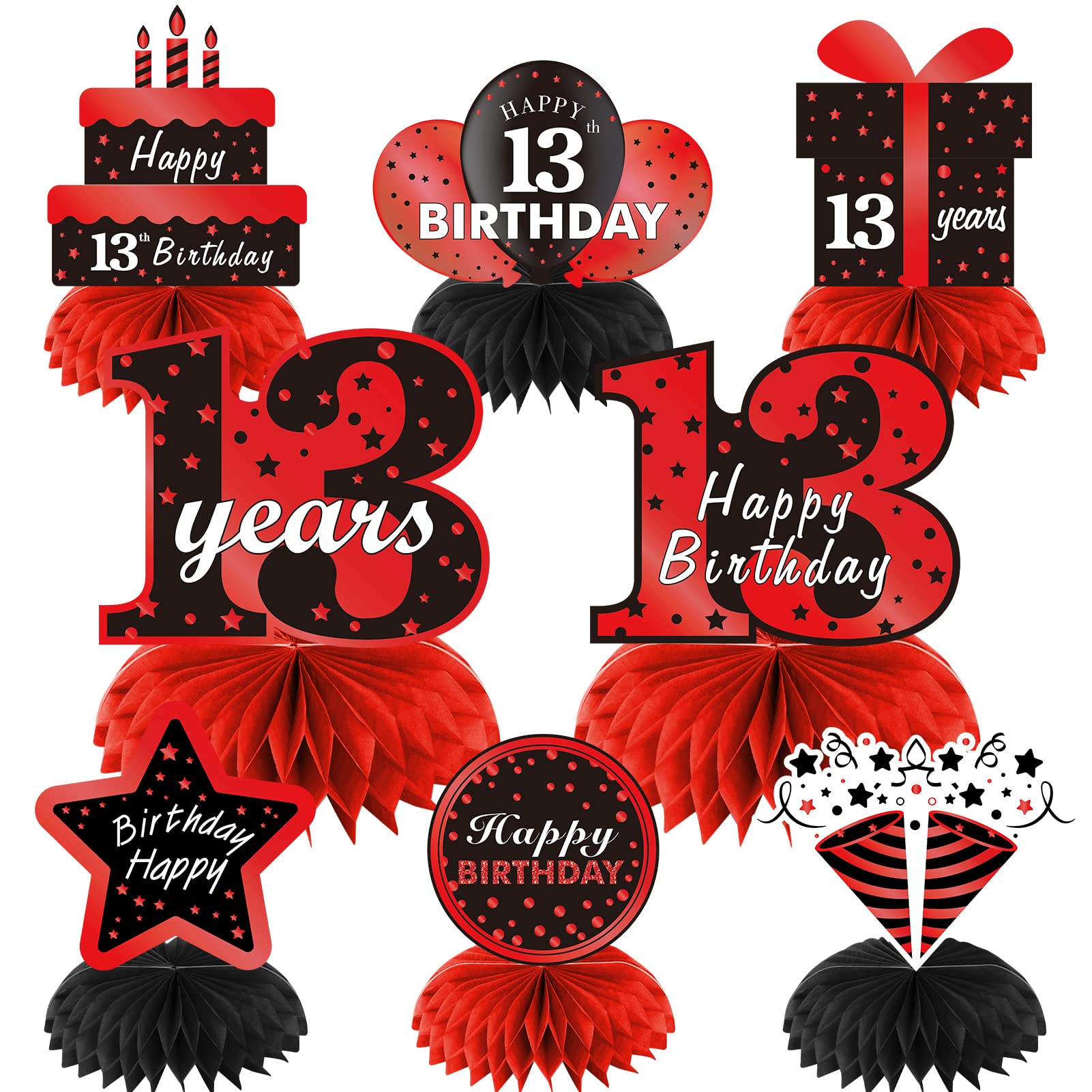 13th Birthday Party Decorations Set - 8Pcs Red & Black Honeycomb Centerpieces for Boys & Girls | 13 Year Old Table Toppers, Photo Signs & Party Supplies | Perfect for Teen Birthday Celebrations, Decorations & Photo Backdrops