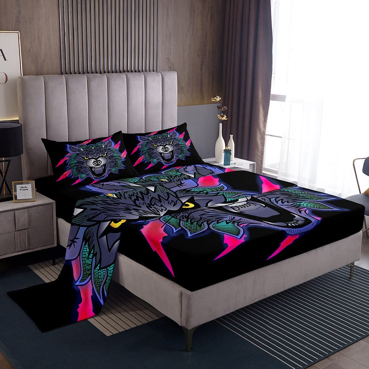 Wolf Head Twin Size Bed Sheet Set - 3pc Wild Animal Print Tribal Totem Bedding with Deep Pocket Fitted Sheet, Flat Sheet & Pillowcase for Kids, Boys & Teens - Perfect for Jungle Themed Bedrooms, Dorm Rooms & Wild Animal Lovers