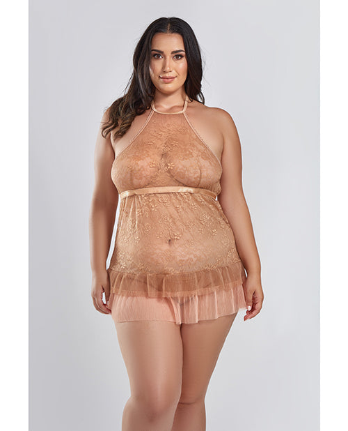 Sexy Amber Halter Lace Babydoll with Tiered Pleated Mesh Skirt & G-String - Brown Plus Size 2X - Perfect for Valentine's Day, Lingerie Party or Romantic Nightwear
