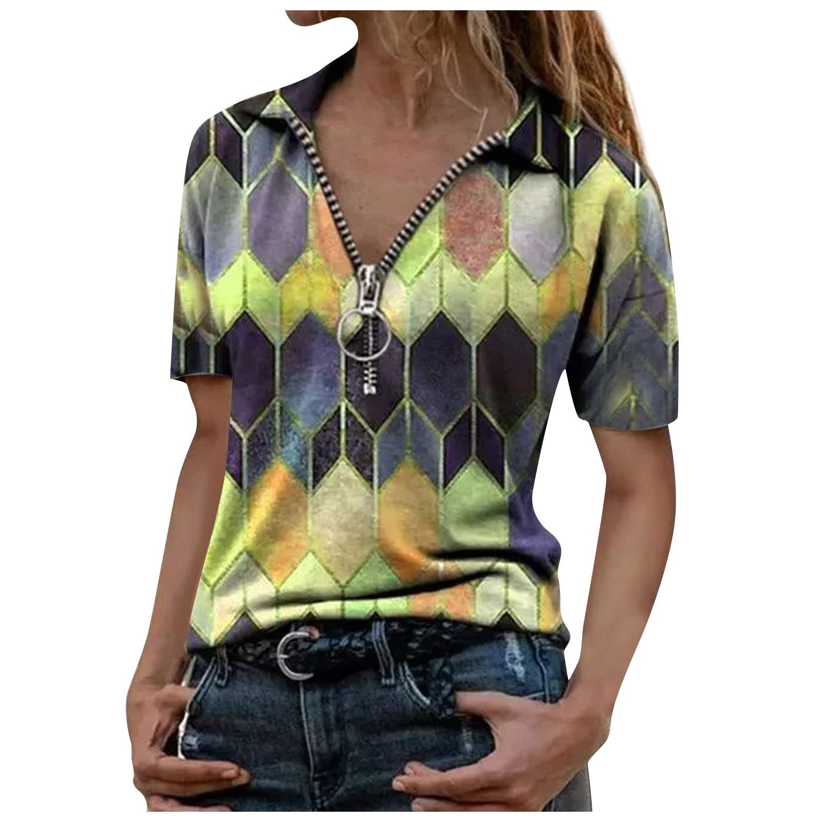 Women's V-Neck Zipper Cold Shoulder Short Sleeve Tunic T-Shirt - Casual Fashion Blouse for Summer | Perfect for Office, Dating & Weekend Outfits