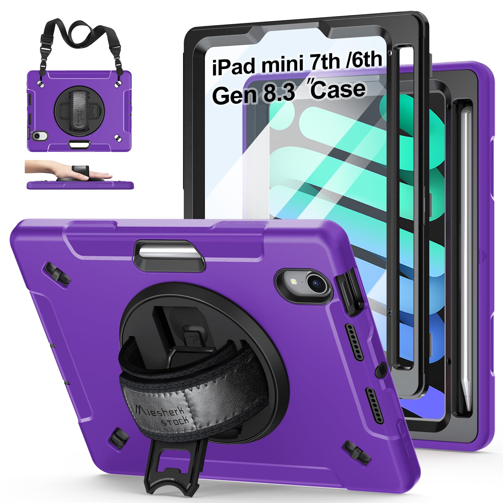Military Grade Shockproof iPad Mini 7 Case (2024 Model A17 Pro) - 8.3 Inch Protective Cover with Screen Protector for iPad Mini 7th/6th Gen - Built-in Stand, Handle, Shoulder Strap & Pencil Holder - Purple - Perfect for Travel, Work & Outdoor Activities