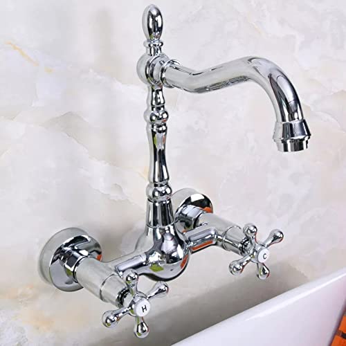 Polished Chrome Brass Wall Mounted Double Cross Handles Bathroom & Kitchen Sink Faucet Mixer Tap with Swivel Spout - Perfect for Modern Bathroom Vanities and Kitchen Sinks